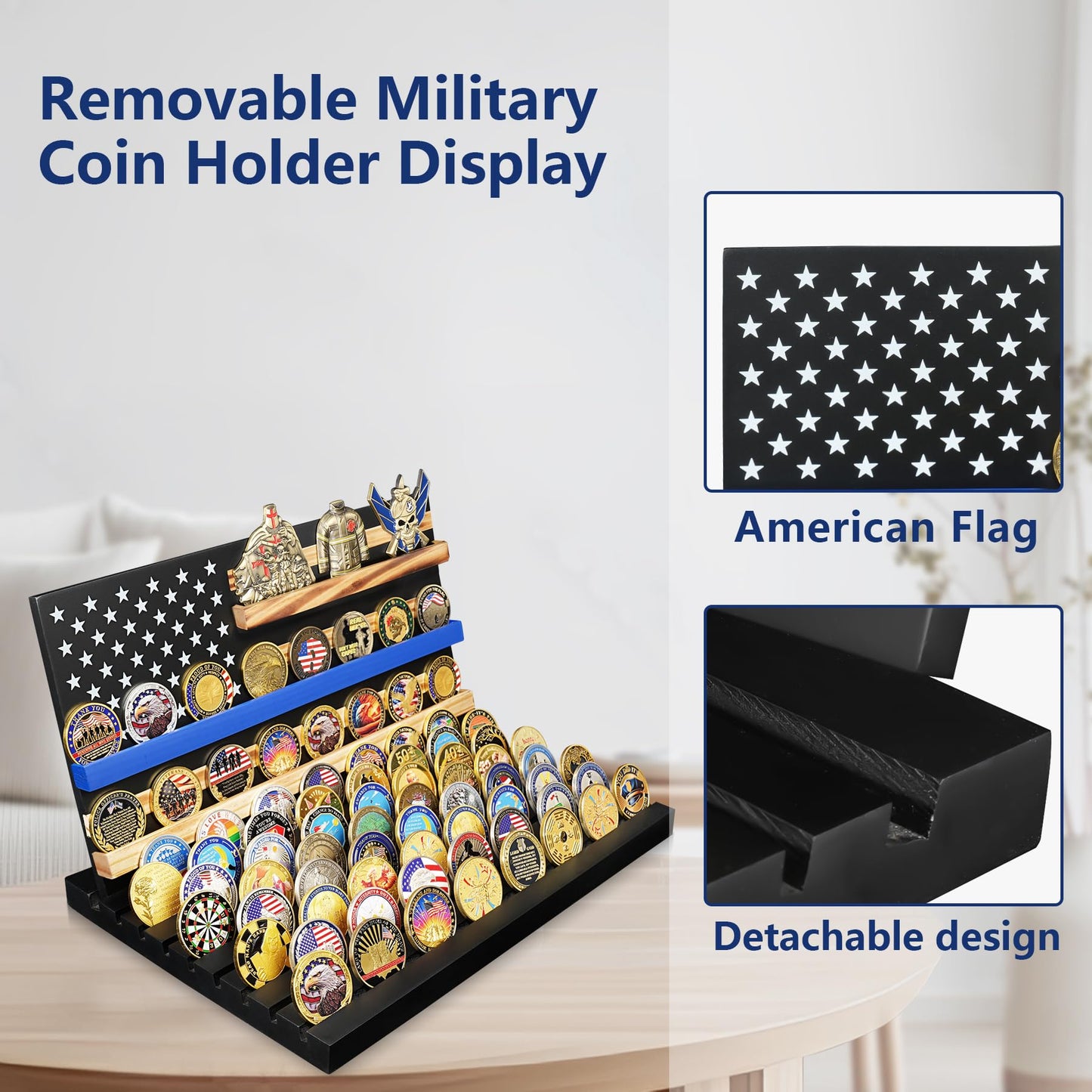 YUN RUI 11 Rows Challenge Coin Display, Removable Military Coin Holder Display with American Flag, Wooden Coin Display Case Rack Holds 95-106 Coins,Black