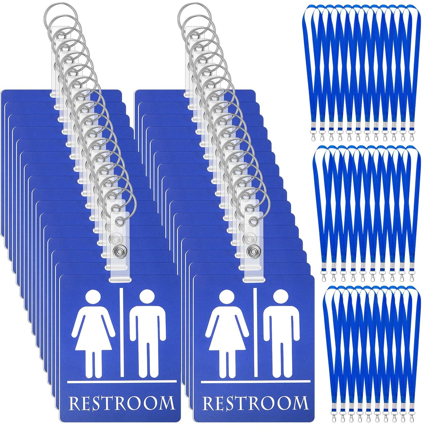 Tinlade 32 Set Bathroom Pass Restroom Hall Pass for Classroom with Keychain Holder with Lanyard PVC Unisex for Women Men, Blue