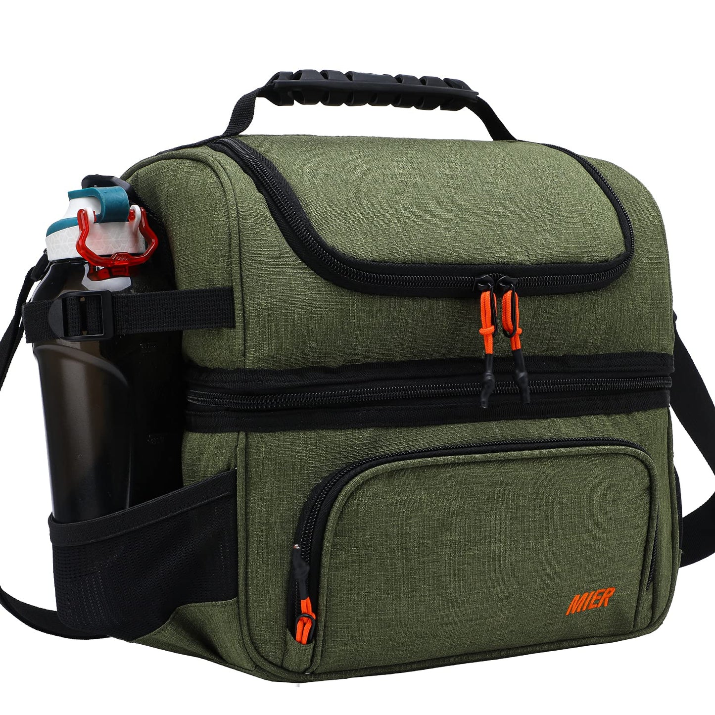 MIER Dual Compartment Lunch Bag Tote with Shoulder Strap for Men and Women Insulated Leakproof Cooler Bag, Army Green