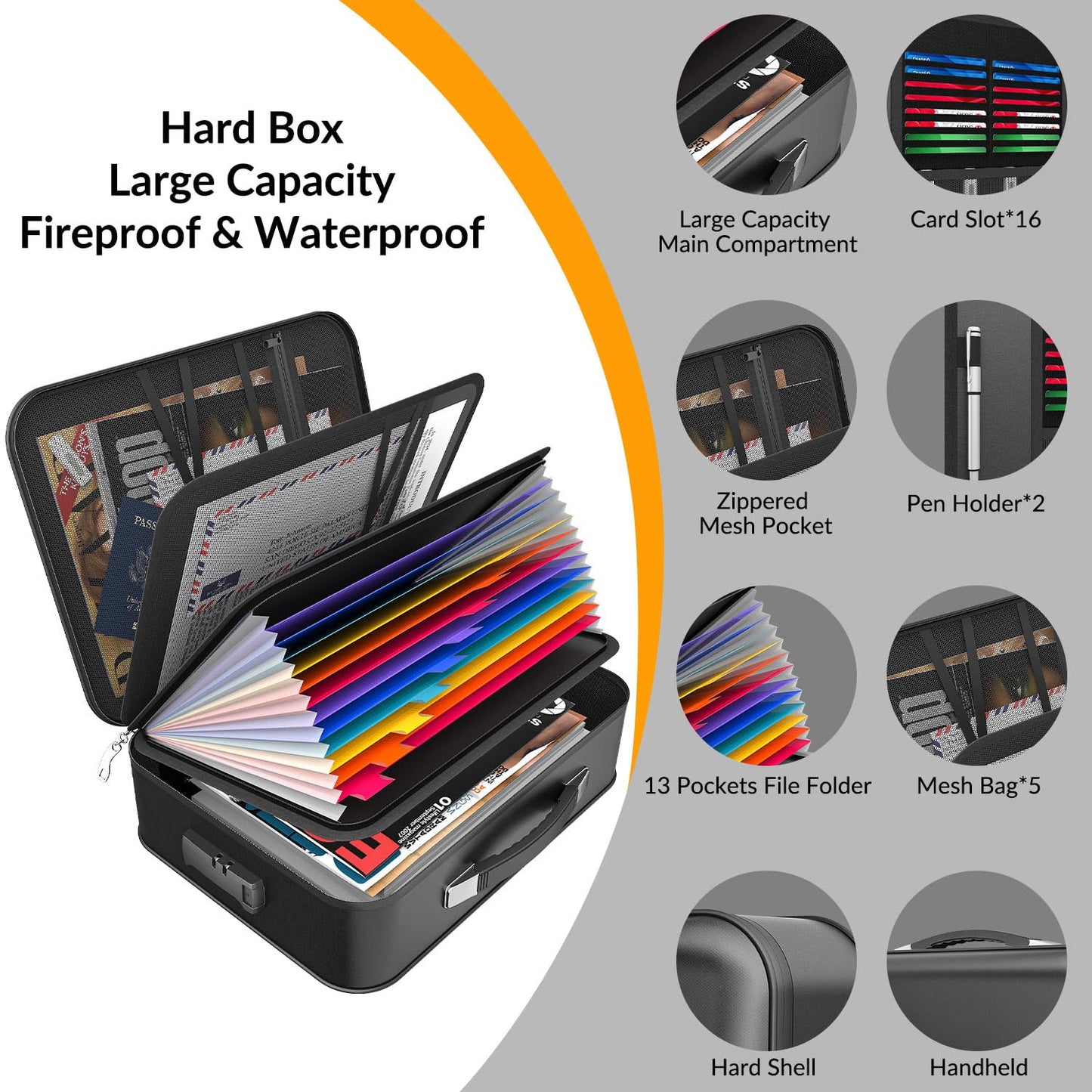 onvvippiv Hard Case Fireproof Document Box, Important File Organizer with Lock Waterproof Zipper, Portable Home Office Travel Storage Accordion Folder for Letter A4 Laptop Files