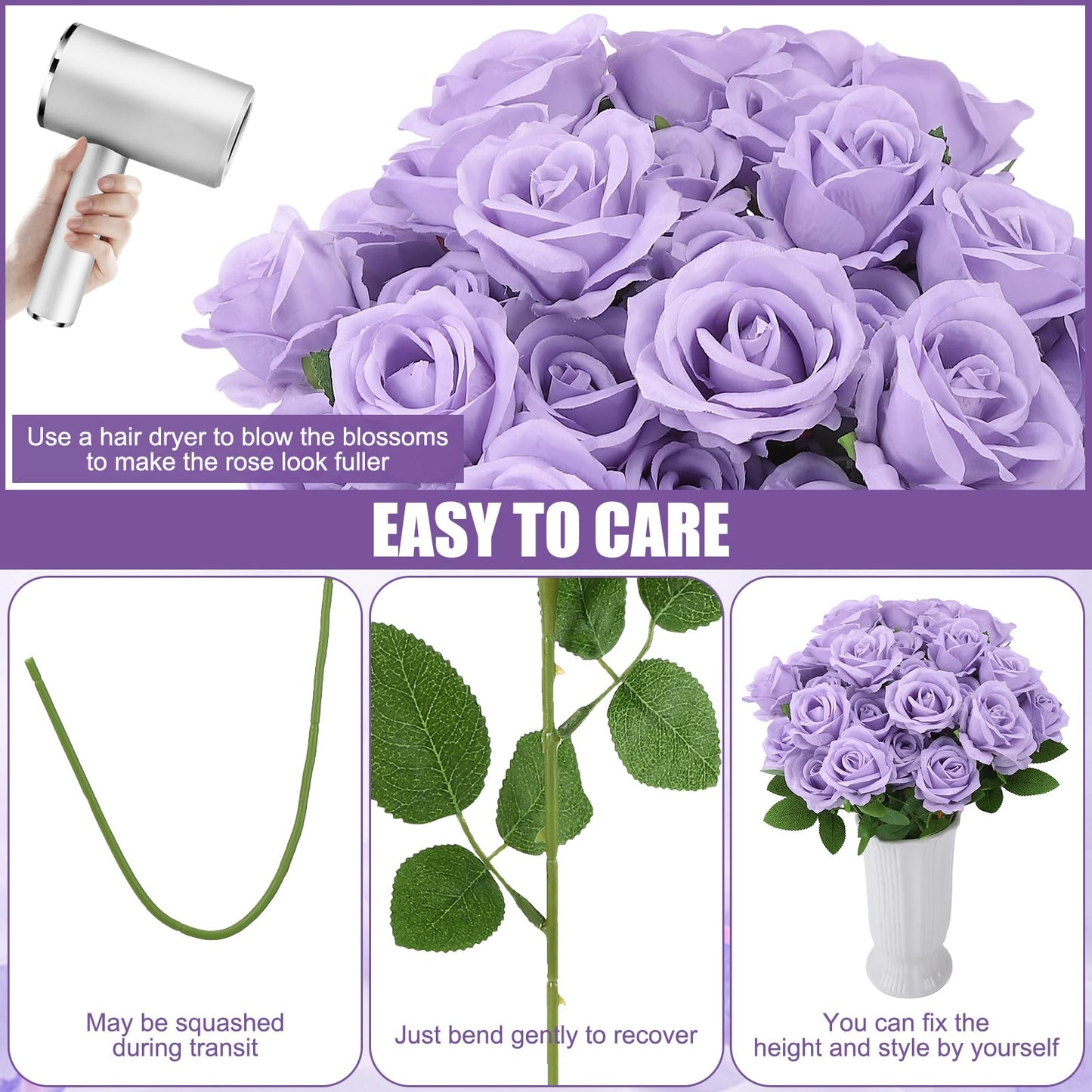 Ovveroche 72 Pcs Artificial Roses Light Purple Fake Silk Roses Realistic Roses Faux Flower Indoor Wedding Home Decor, Birthday Decorations