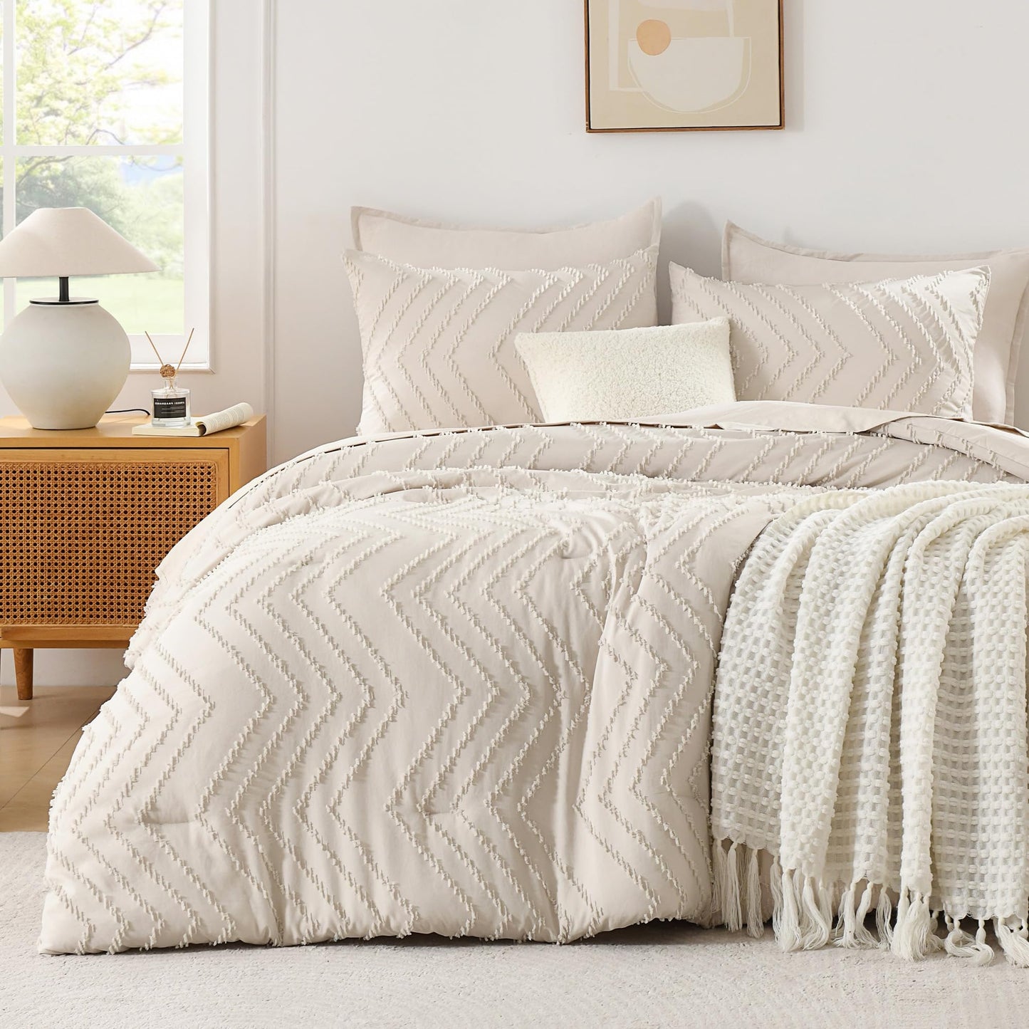 Andency California King Comforter Set Beige, Boho Cal King Cream Soft Warm Tufted Neutral Bedding Comforter Sets, 3 Pieces Cali King Aesthetic Chevron Farmhouse Cute Bohemian Textured Bedding Set