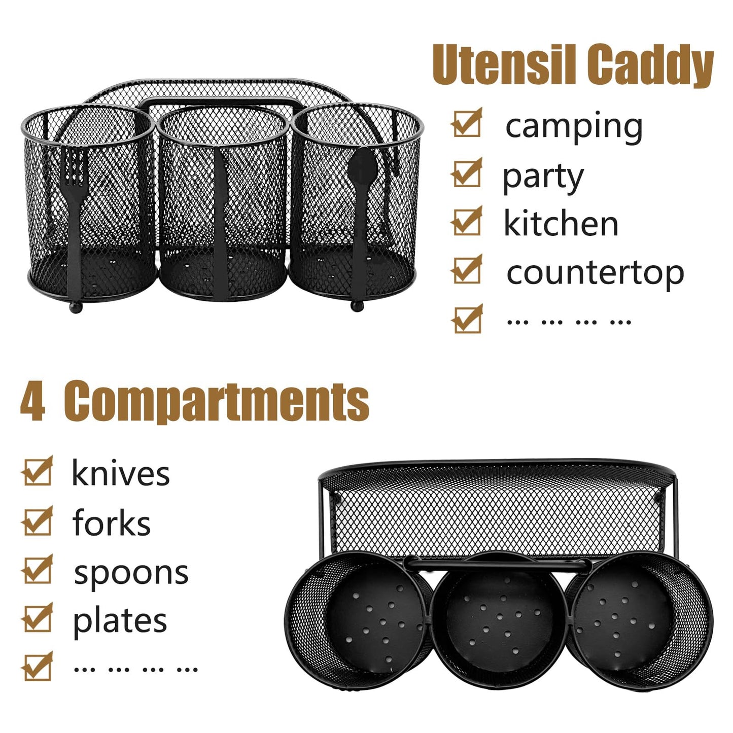 DysanVica Utensil Caddy Silverware Holder - 4 Compartment Metal Mesh Cutlery Fork Spoon Napkin Plate Organizer Flatware Storage Basket Party Kitchen Countertop Buffet Picnic Camping Outdoor BBQ Black