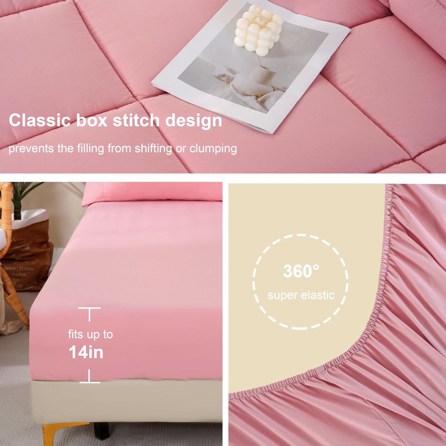 DOWNCOOL Full Size Comforter Sets, 7Pcs Full Size Bedding Sets Pink, All Season Down Alternative Bedding Comforter Sets with Comforter, Flat Sheet, Fitted Sheet, 2 Pillow Shams & 2 Pillowcases