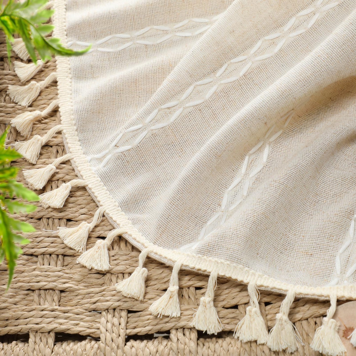 XOGUIBO Boho Blackout Curtains 63 Inches Long Beige Linen Blend 2 Panels with Tassels and Cotton Embroidery, Farmhouse Vintage Rustic Rod Pocket Drapes for Living Room or Bedroom