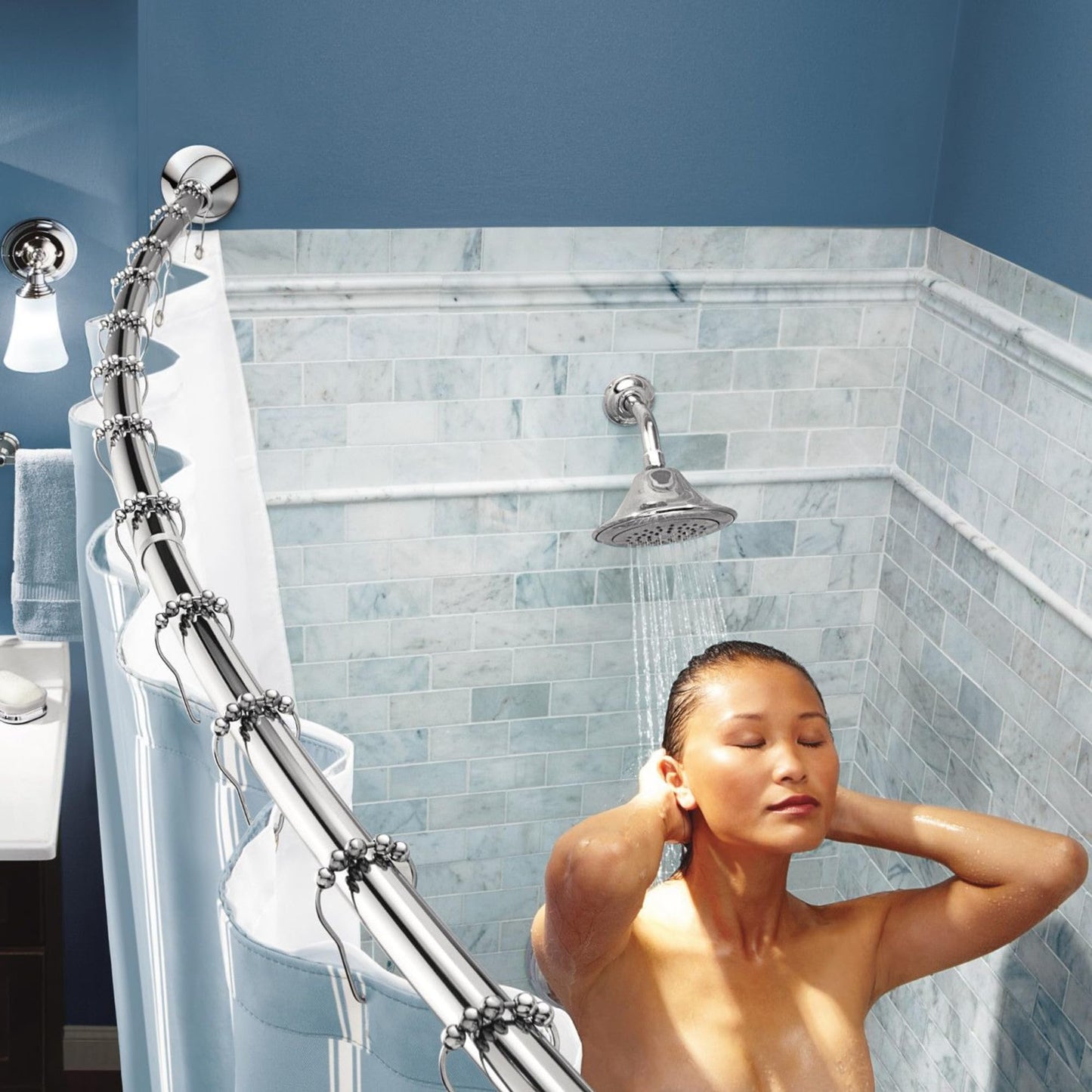 Moen Curved Adjustable Spring Tension No Drill Shower Curtain Rod for Bathroom, Chrome Finish, CSR2172CH
