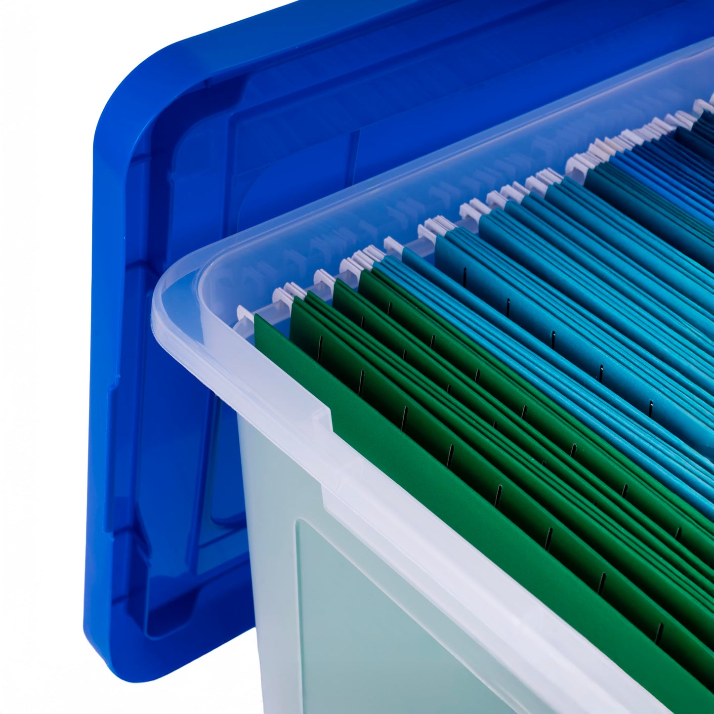 IRIS USA File Storage Box with Lid, Document Protection Box for Letter/Legal Files, Safety File Storage Container, Portable Stackable Filing Organizer, 35 Qt, 3 Pack, Clear/Blue