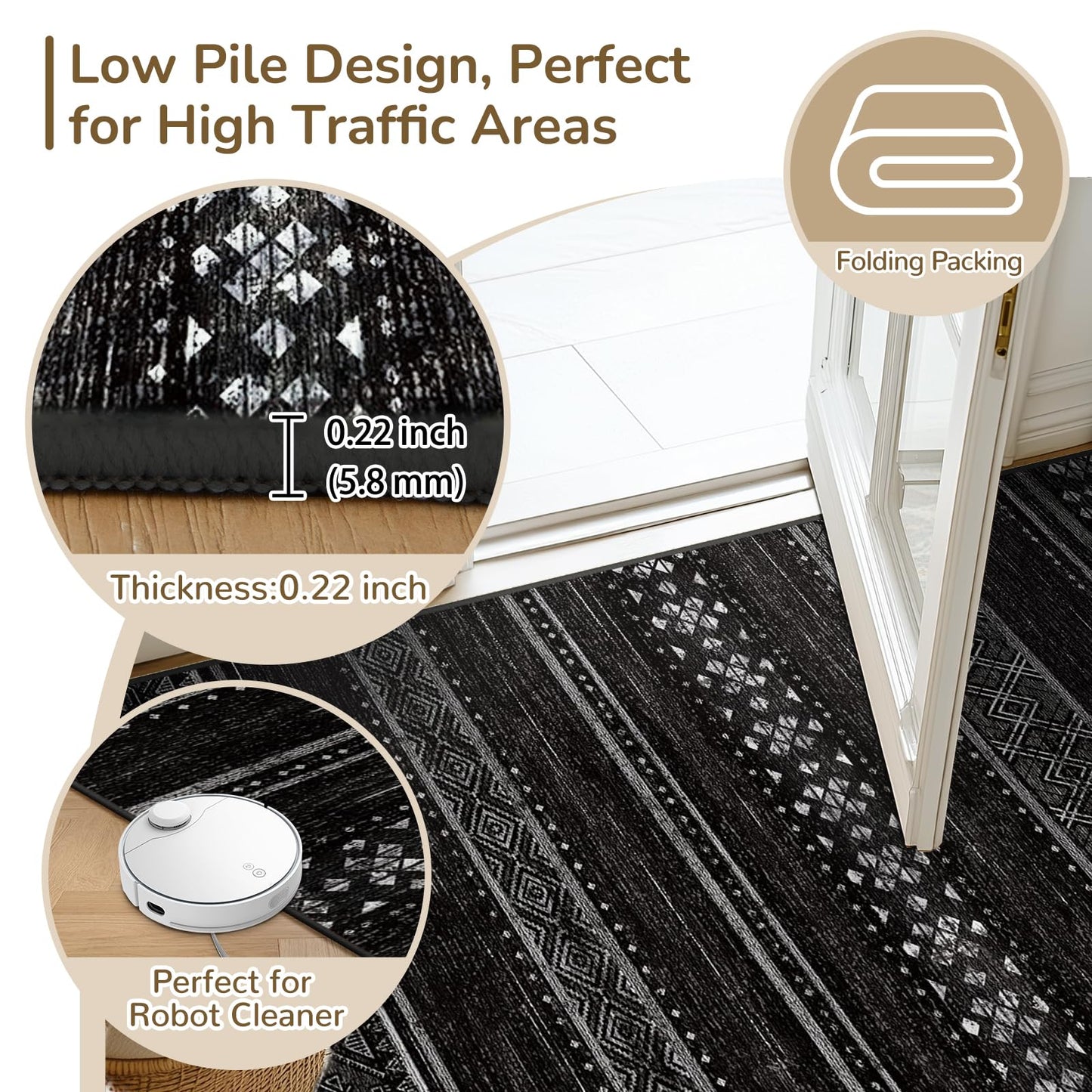 BESTSWEETIE 5x7 Area Rugs for Living Room Washable Moroccan Farmhouse Neutral Geometric Low Pile Non-Slip Soft Print Pattern Rug for Bedroom Kitchen Dining Room Entryway Black/White