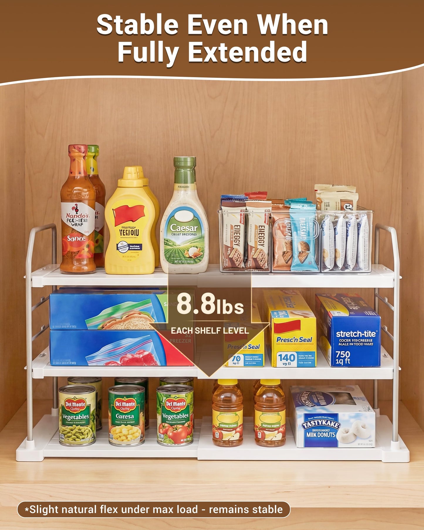 EVERIE Extendable 3-Tier Kitchen Cabinet & Pantry Organizer for Plastic Wrap, Foil & Storage Bags, Adjustable Heavy Duty Shelf Rack for Wrap Boxes, Jars & Snack Boxes (11–16.7 in Wide), Pack of 2