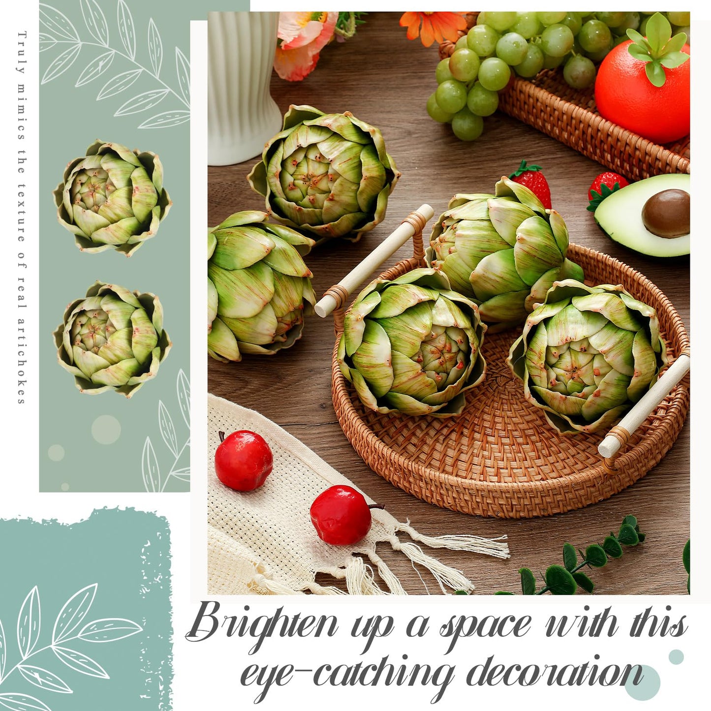 Timgle 6 Pcs Green Artificial Artichokes Fake Vegetables and Fruits for Summer Kitchen Wedding Bowl and Vase Decorations (Large)