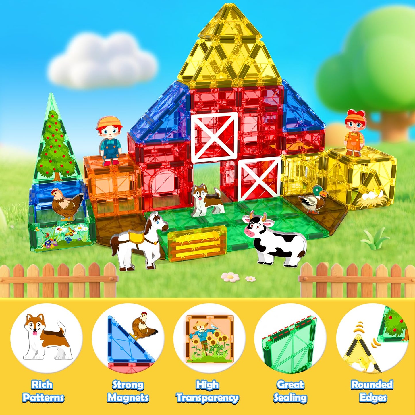 Magnetic Tiles with Farm Animals, Magnetic Blocks Building Toys for 3+ Year Old Toddler, Construction STEM Magnet Toys Gift for Kids, Boys and Girls 3 4 5 6 7 8+ Year Old