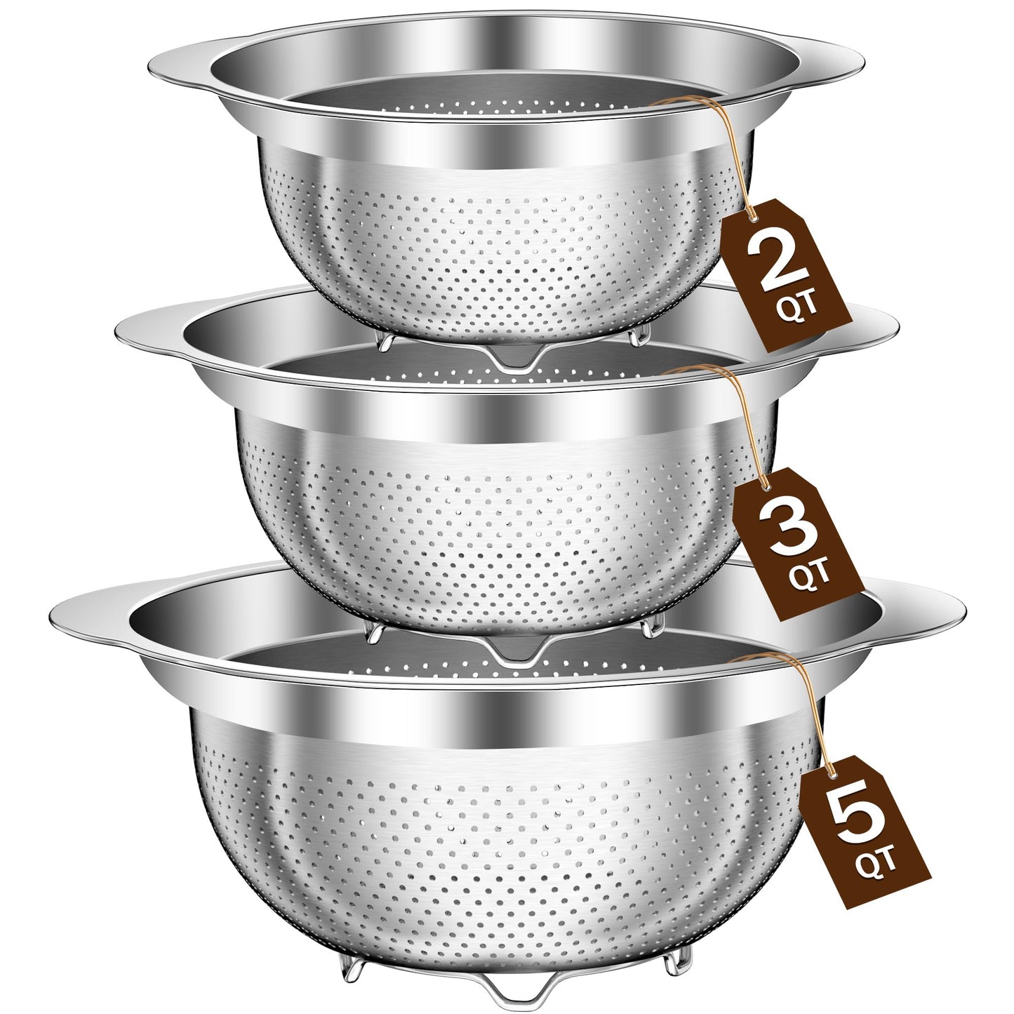 Stainless Steel Colander for Kitchen, Stainless Steel Strainer, Pasta Strainer for Spaghetti Fruit Cooking Food, 3 Pcs Strainers and Colanders(2QT, 3QT, 5QT), Dishwasher Safe, Kitchen Present