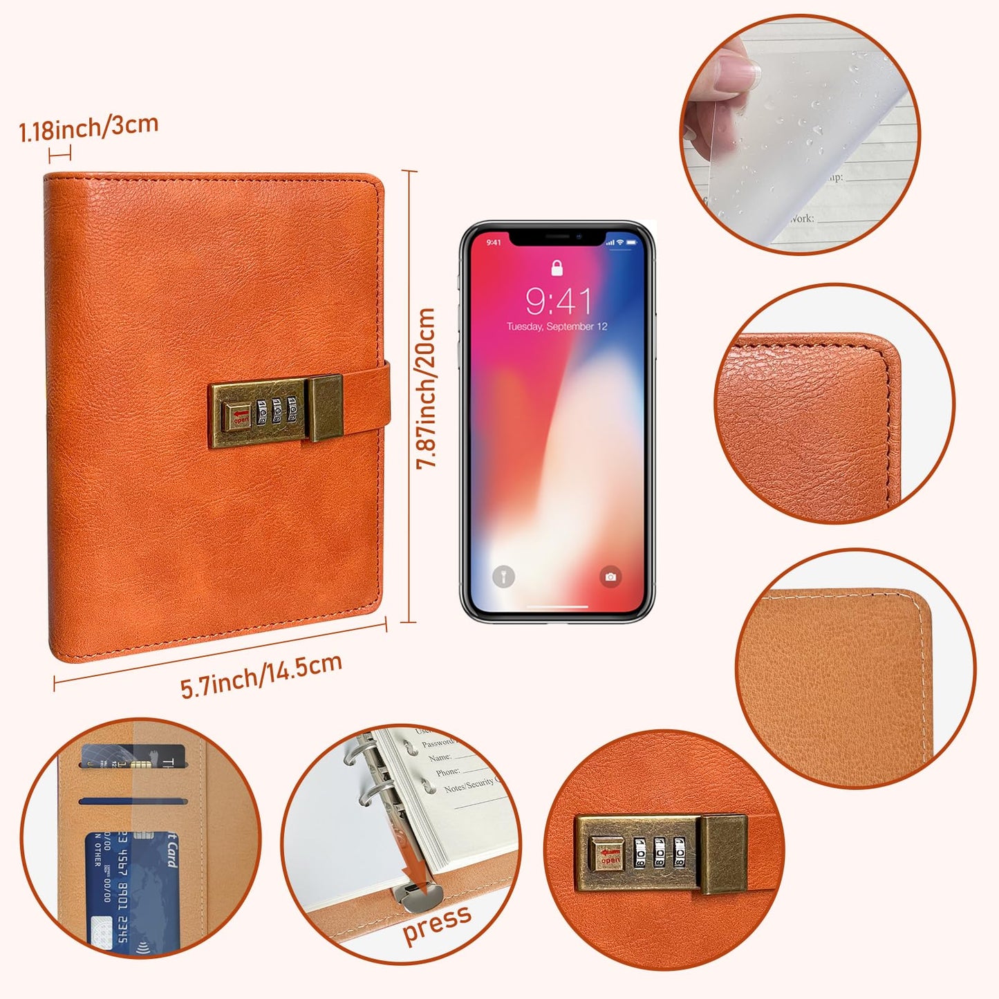 BTSFTOGET Small Password Book with Alphabetical tabs. 316 Pages Lockable Password Keeper Journal Notebook for Computer & Website Logins, Brown Leatherette Hardcover, 7.5in x 5.5in