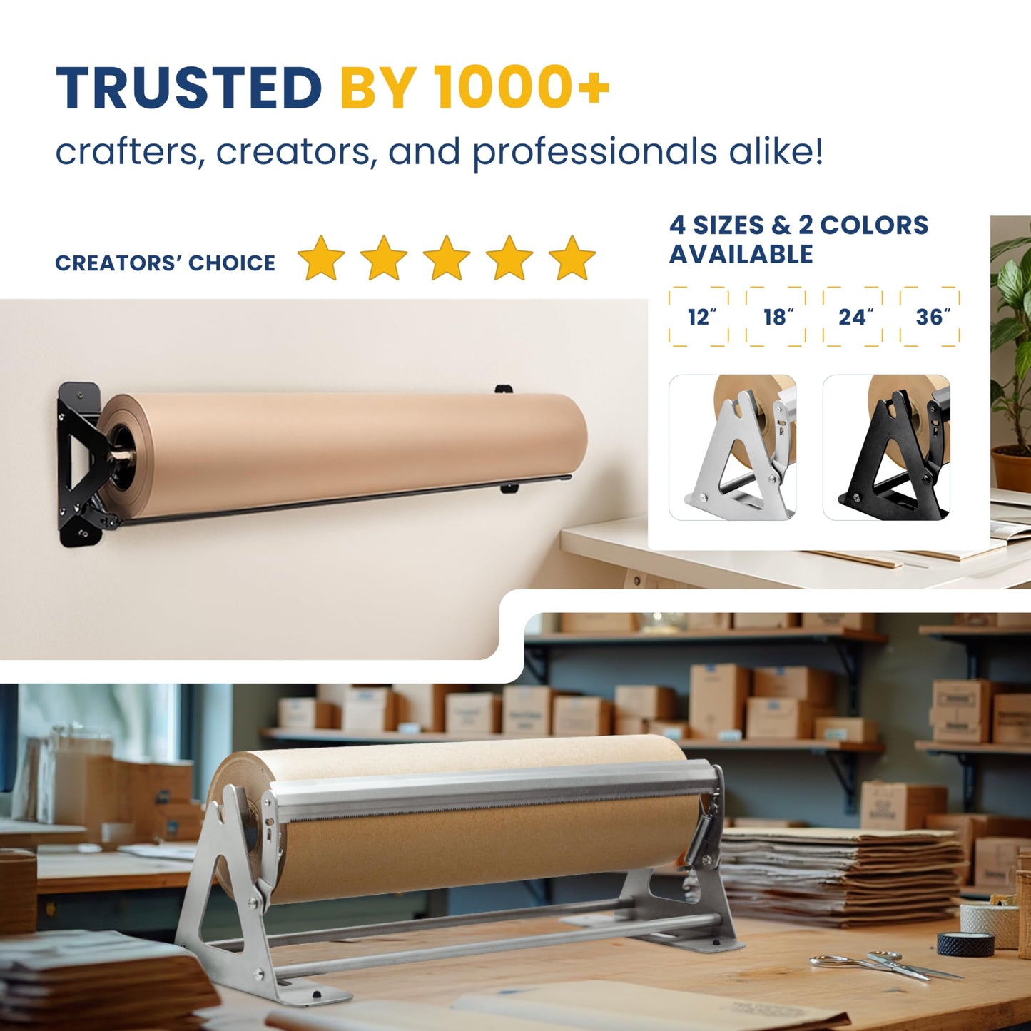 DIY Crew 18 Inch Paper Roll Dispenser and Cutter - Heavy-Duty Wall Mountable, Non Slip Tabletop - Kraft, Freezer, Butcher Paper - Up to 1000ft Rolls