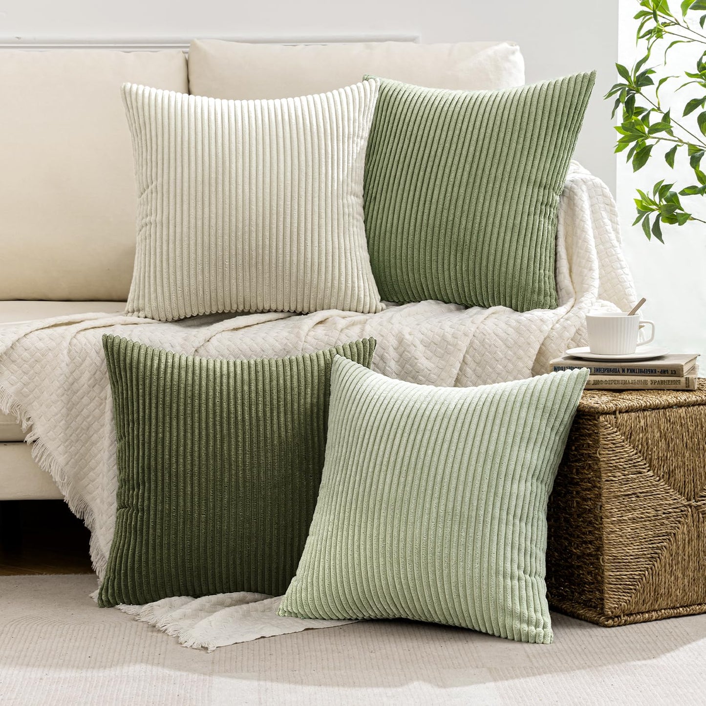 MIULEE Decorative Throw Pillow Covers Set of 4 Summer Light Green Gradient Natural Earthy Modern Classic Soft Corduroy Cushion Covers for Sofa Couch Bed Living Room Spring Home Decor 18x18 Inch