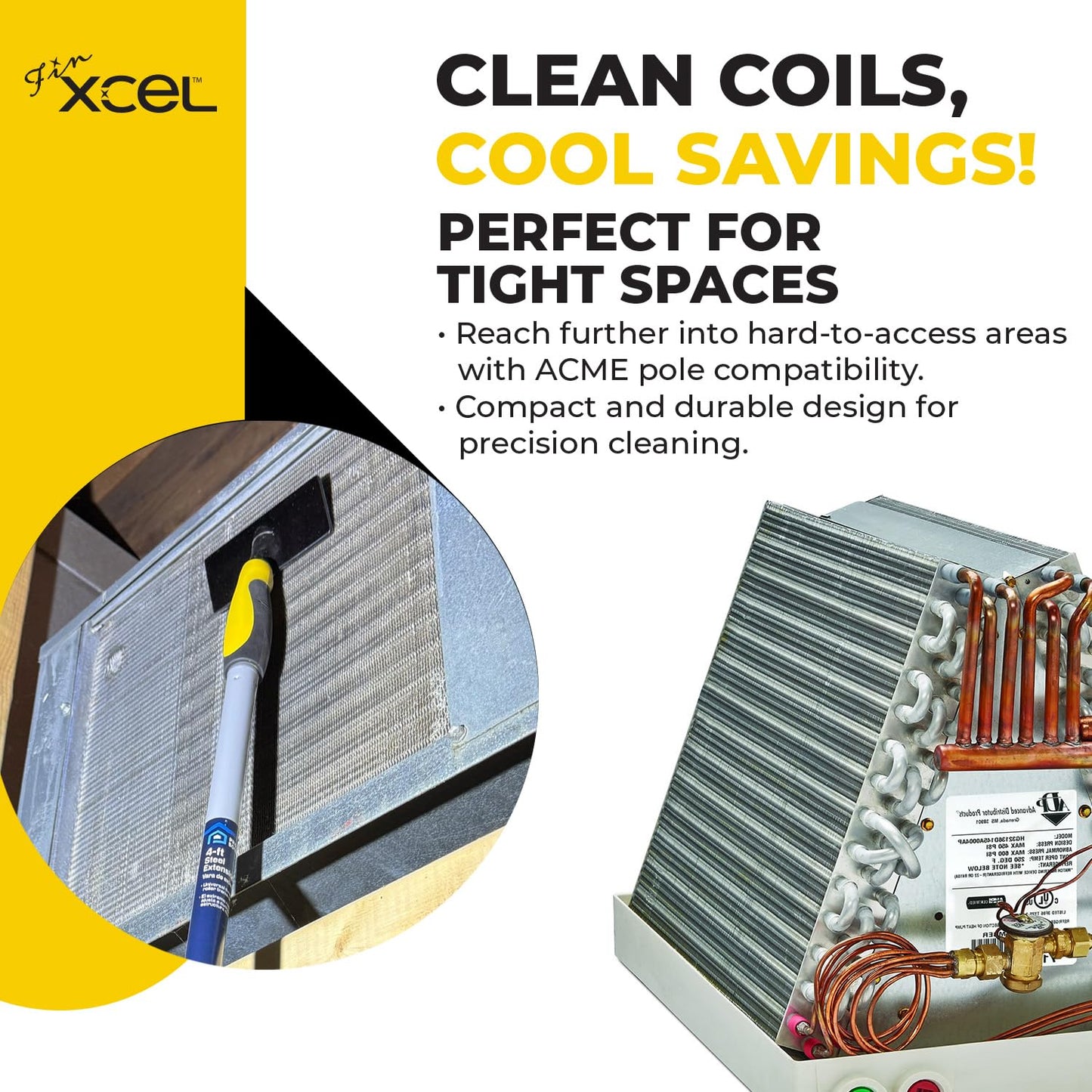 Finxcel Coil Cleaning Brush for HVAC & AC – Evaporator & Condenser Coil Cleaner Tool, 135° Stainless Steel Pins, Heavy-Duty for Tight Spaces, Safe for Delicate Fins, ACME Pole Compatible