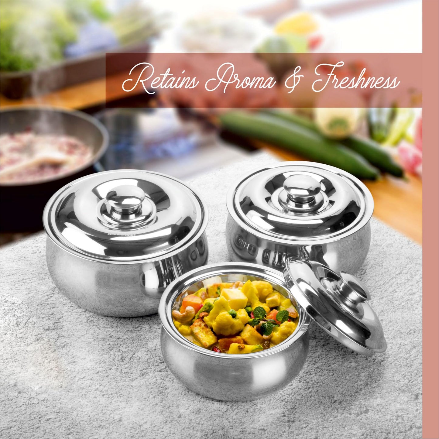 SIGNORA WARE Large Insulated Casserole Dish with Lid Set of 3. Stainless steel Hot Pot Food Warmer/Cooler -Thermal Soup/Salad Serving Bowl Stainless Steel Hot Food Container–Best Gift Set for Moms