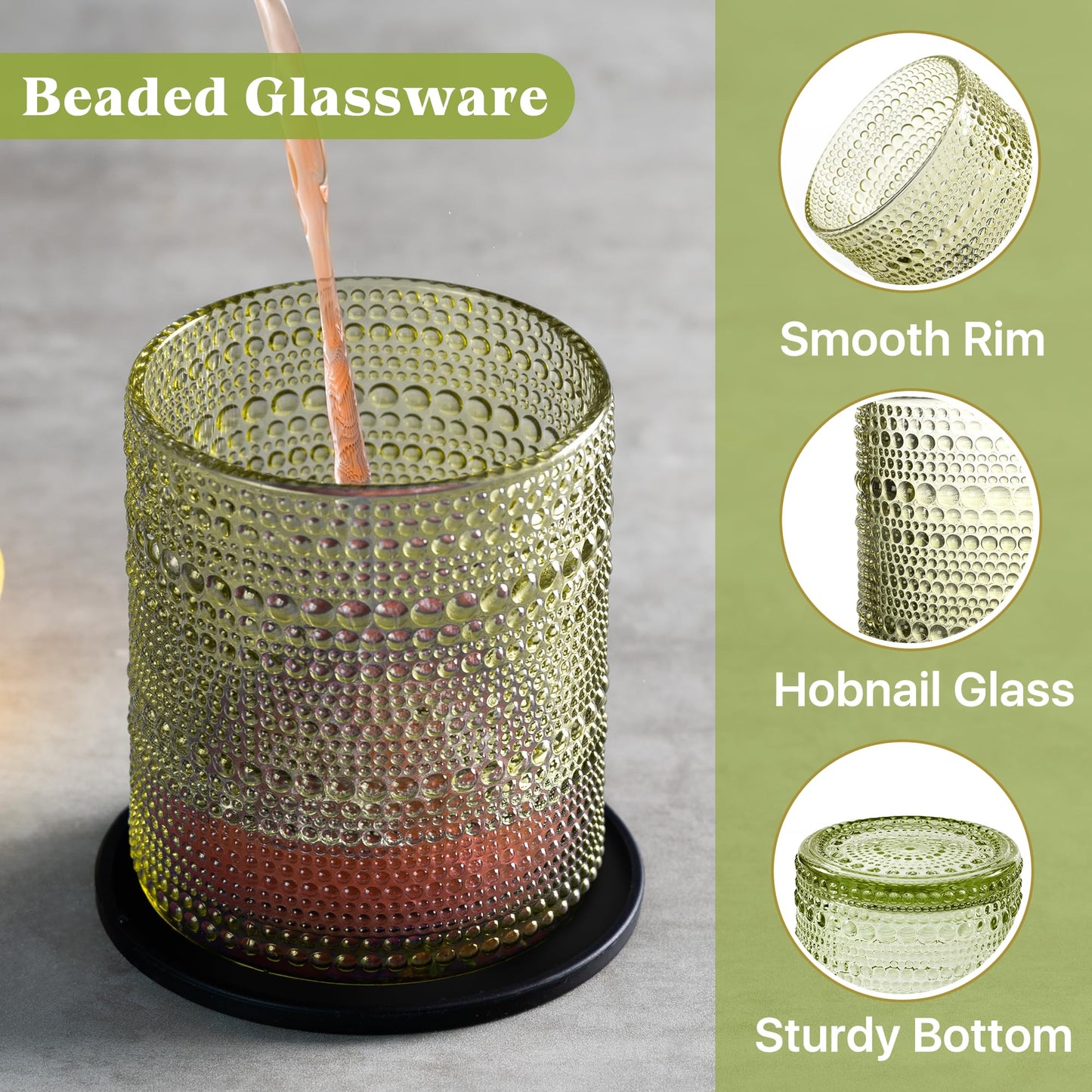 DmmyAlzx Hobnail Drinking Glasses Set of 12 Count, Vintage Glassware, Old Fashioned Glasses, 6 Highball Bubble Drinking Cups 14.5 oz, 6 Rocks Cups 10 oz with 6 Silicone Coasters, Green