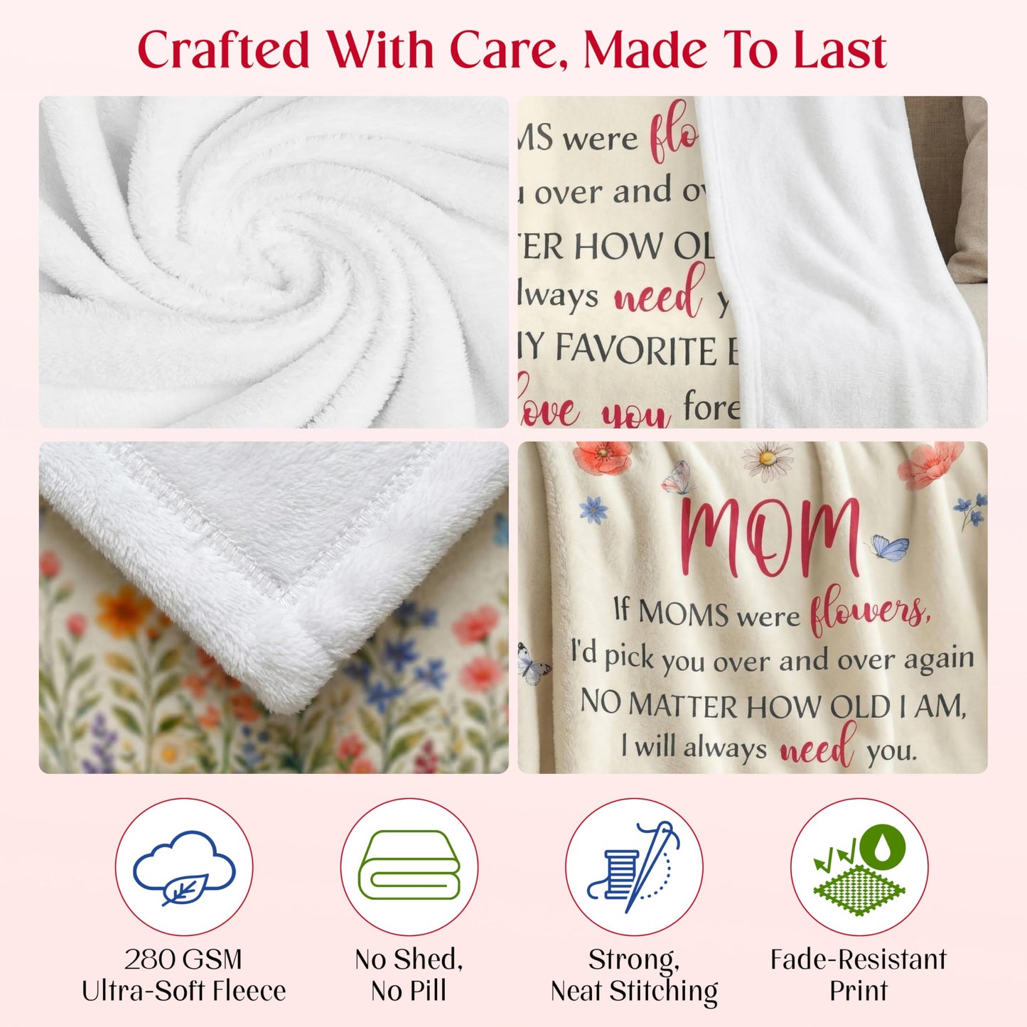 WRAPIX Mom Gifts from Daughters Sons - Soft Fleece Throw Blanket for Couch Bed 50x60 in - Mothers Day Birthday Gifts for Mom from Daughter Son, Sentimental Mothers Day Blanket, Mother Daughter Gift
