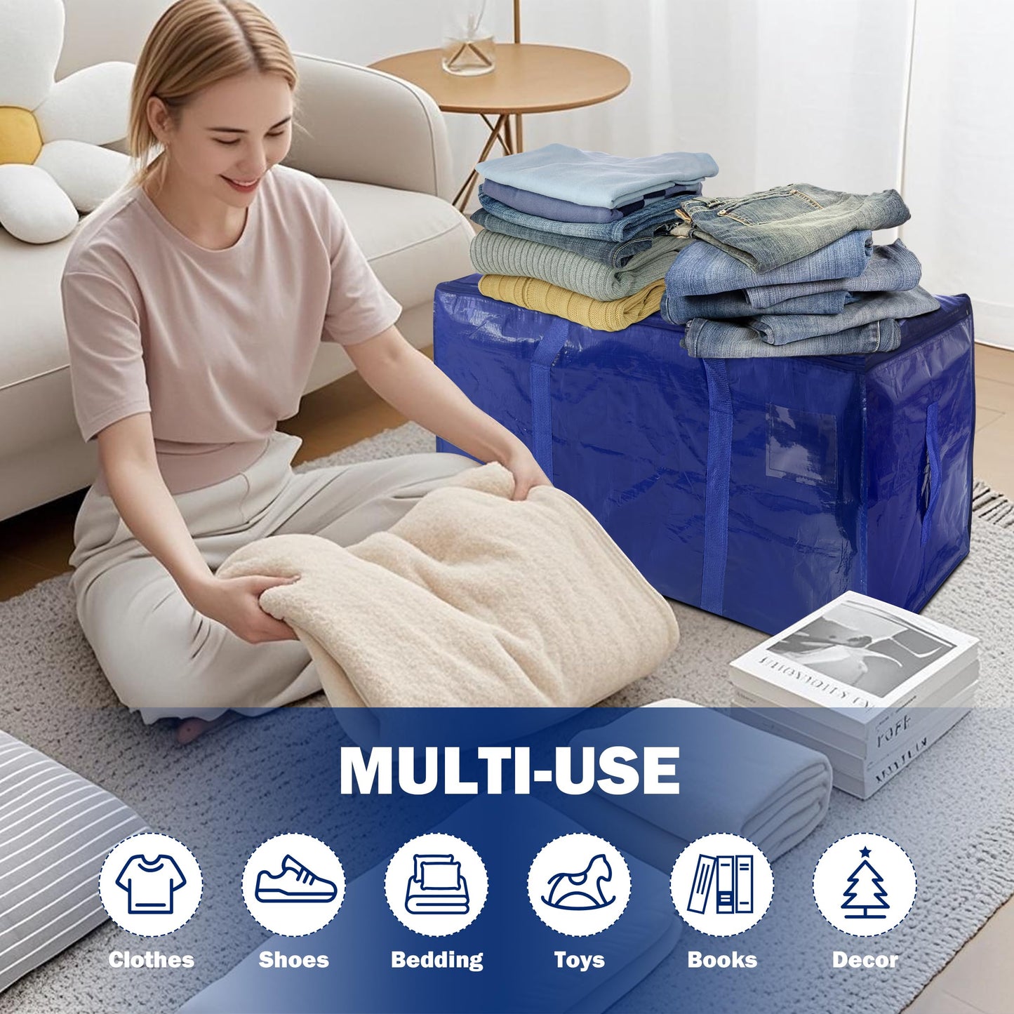 16 Pack Extra Heavy Duty Large Moving Bags with Strong Zipper & Carrying Handles, Sturdy Clothes Storage Bag Totes Bins, Packing Bags Moving Boxes College Moving Supplies, Dark Blue - 24 gal