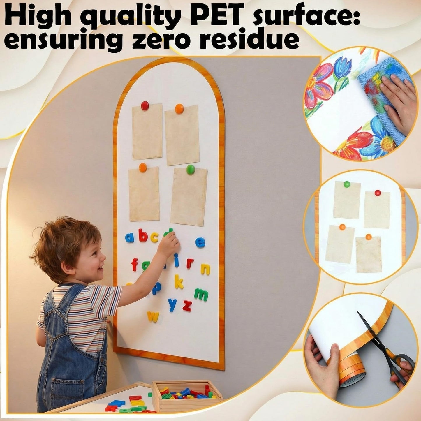 FunooFuno 2 Pcs Magnetic Wall Arch Decal 40"x 18" White Magnetic Wall Whiteboard with Wood Grain Borders Adhesive Magnet Dry Erase Board Sticker for Home Offices Classrooms
