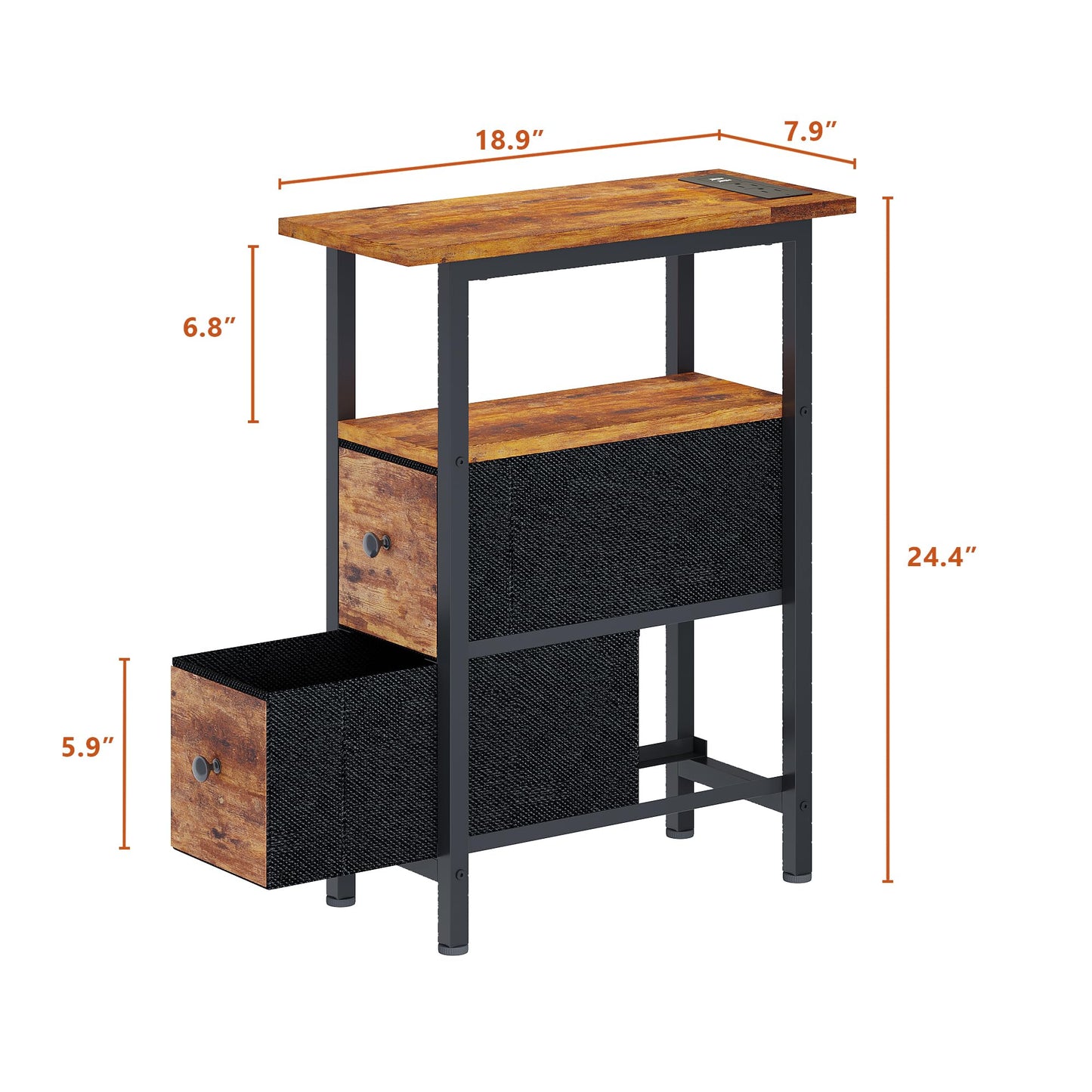 TRIFEBLE End Table with Charging Station, Narrow Side Table with 2 Fabric Drawers, Skinny Nightstand with LED Light, Slim Bedside Table for Bedroom, Living Room, Small Spaces, Rustic Brown