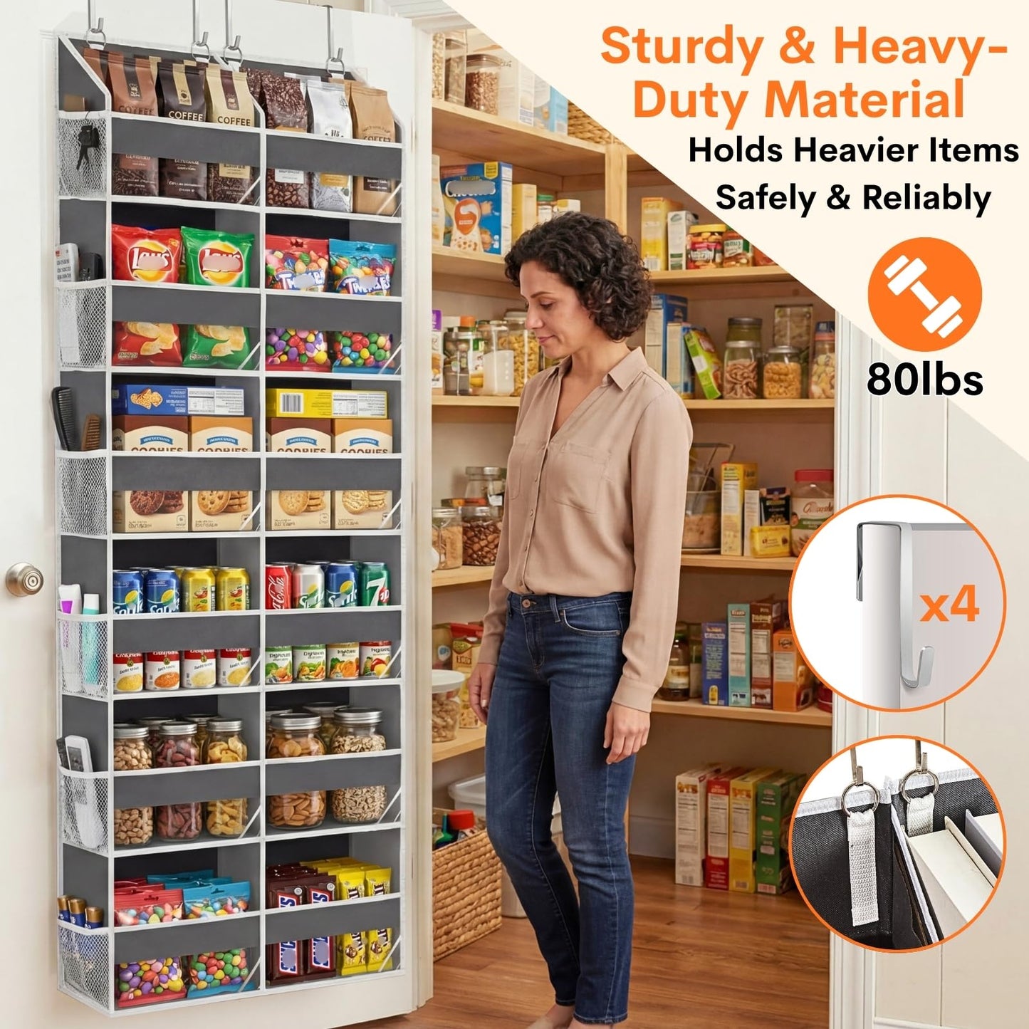 Over the Door Organizer 6 Tiers, Extra Large Behind Door Storage of 12 Compartments, 80 lbs Weight Capacity Hanging Storage Organizer with Clear Window Kids Toys, Shoes, Diapers, Room storage