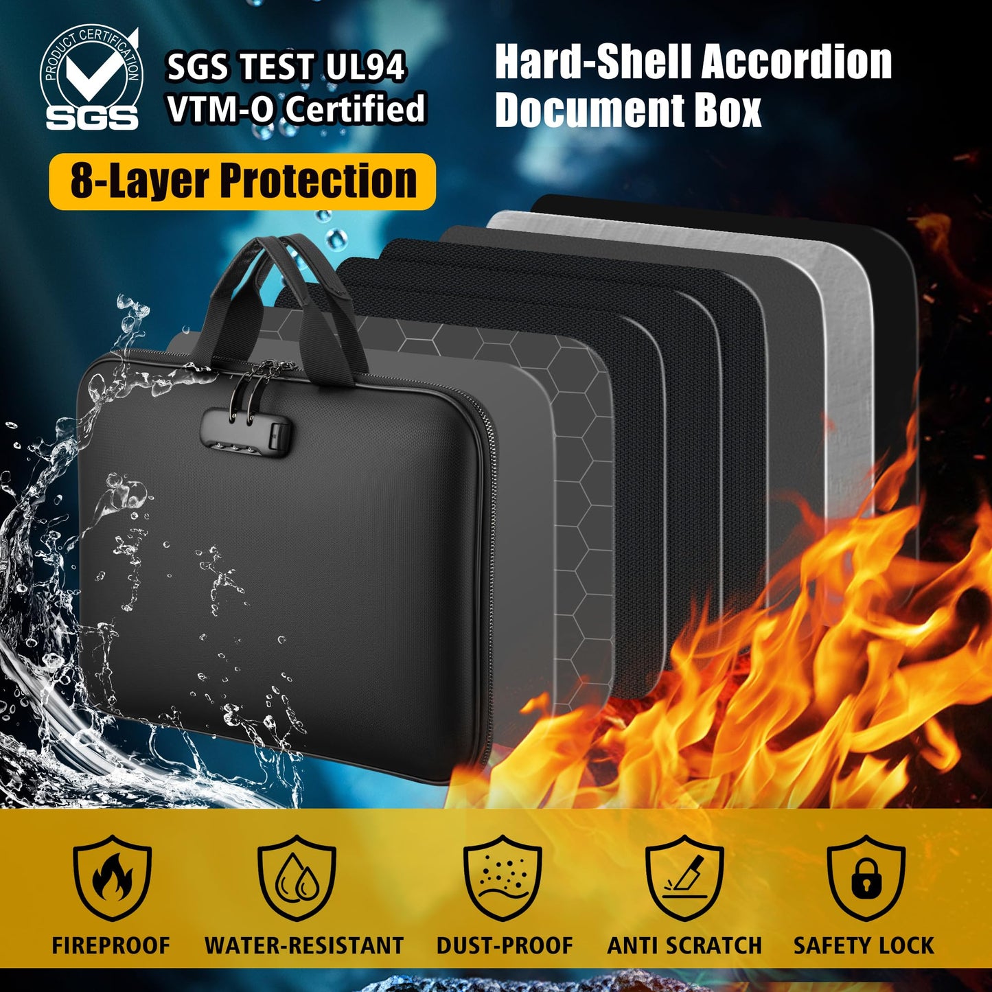 facka Fireproof Document Box with Combination Lock, Hard-Shell Fireproof File Organizer for Legal Documents, Laptop, Valuables & Important Papers, 13-Pocket Accordion File Folder