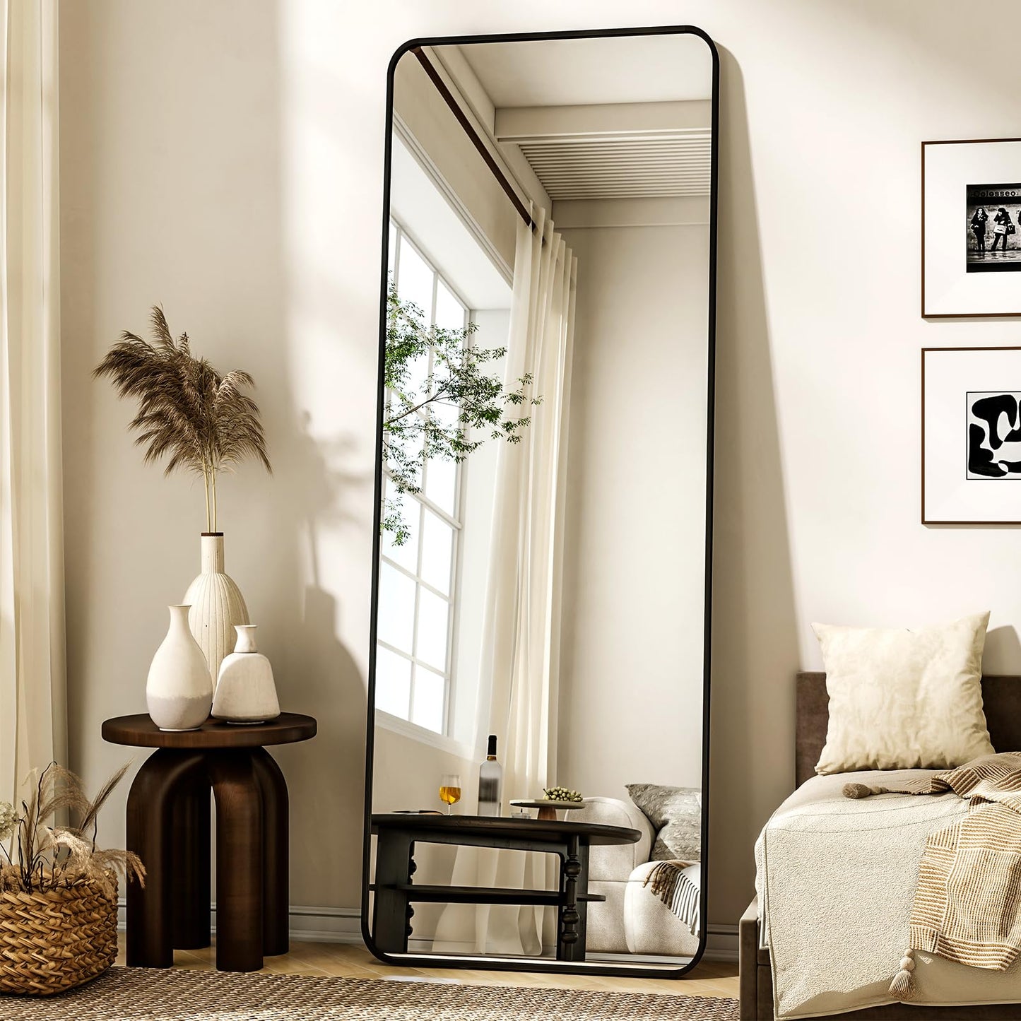 XRAMFY 56"x21" Floor Full Length Mirror Standing Full Body Rounded Corner Rectangle Mirrors with Stand Hanging Wall Mounted Leaning Bedroom Living Room Bedroom Cloakroom,Black