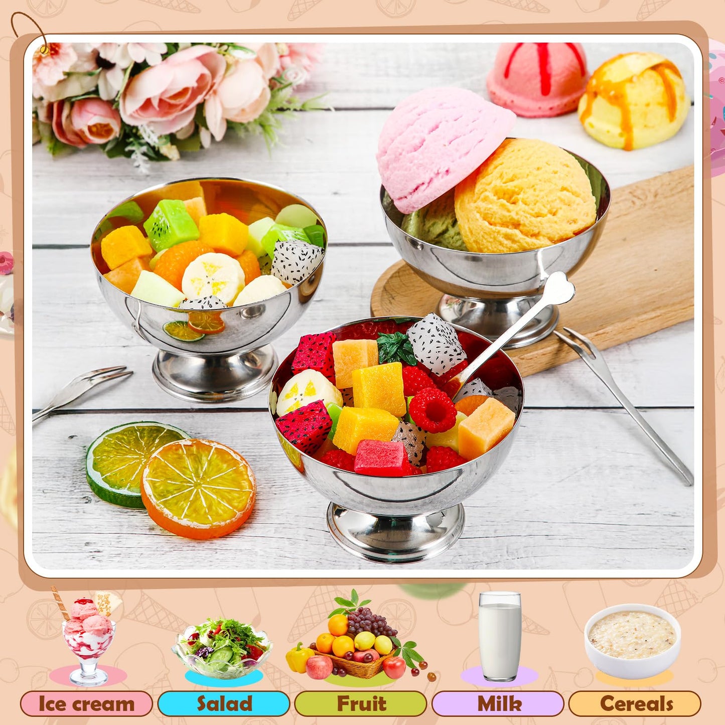 Honeydak 12 Set Stainless Steel Ice Cream Bowl with Forks Serving Dessert Cup Sauce Bowls Dish Metal Dessert Glasses Salad Holder Round Footed Yogurt Snack Candy Cups for Fruit Pudding(4 Inch)