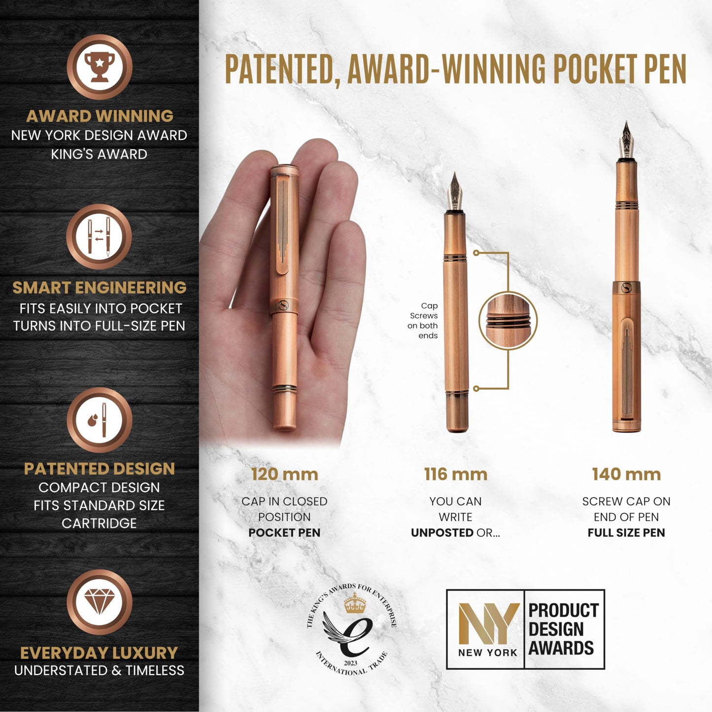 Scriveiner Luxury EDC Fountain Pen (Medium), Stunning Heavy Brass Pocket Pen, Hand Brushed Copper Finish, Schmidt German Nib Converter, Best Writing Pen Gift Set for Men Women, Nice Fancy Designer Pen