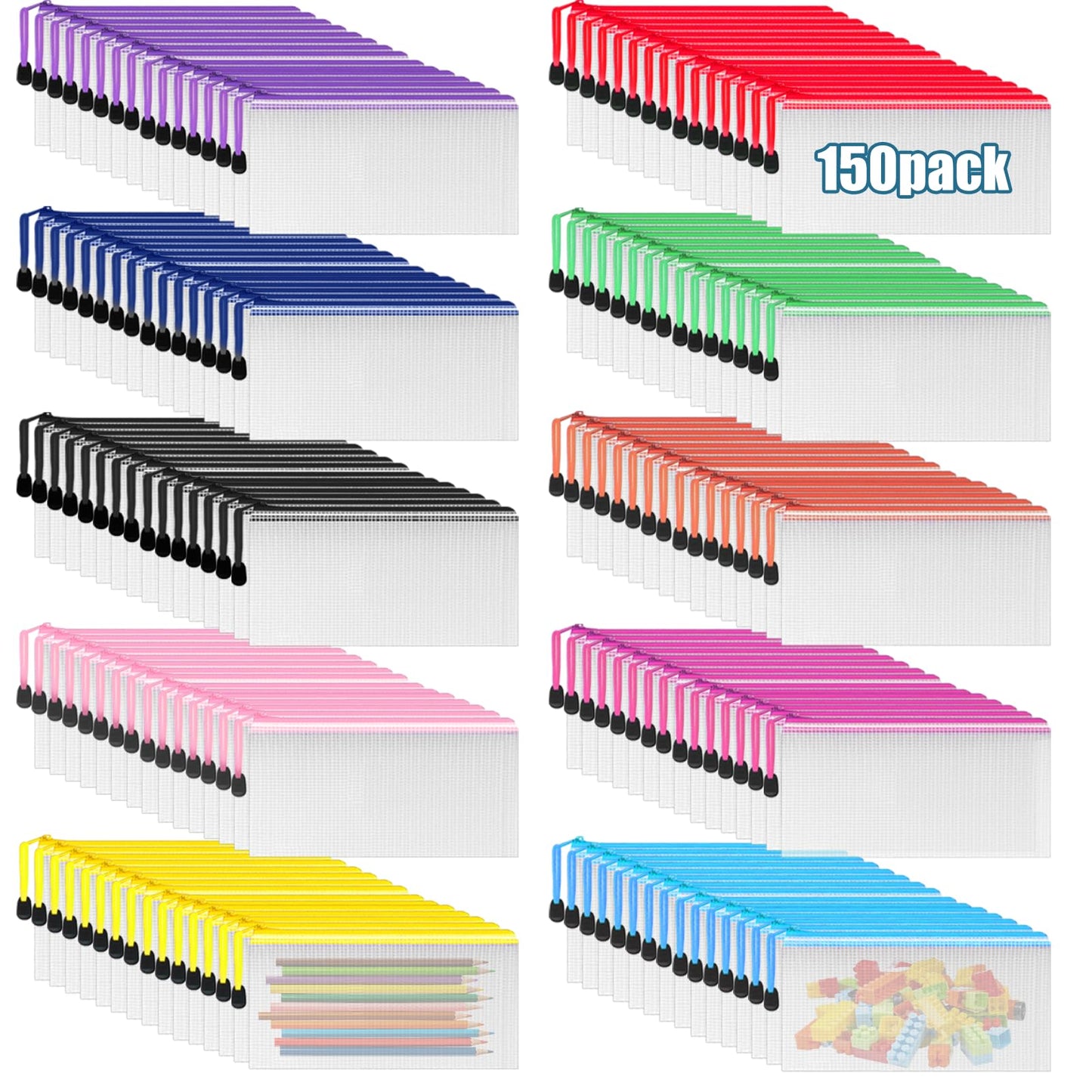 Tdfronien 150 Pack Small Pouch Pencil Pouch Bulk，Mesh Zipper Pouch Bags, Clear Holder Cosmetics Makeup Bags Accessories Storage Bag for Office, Bill,School Travel(10 Colors)