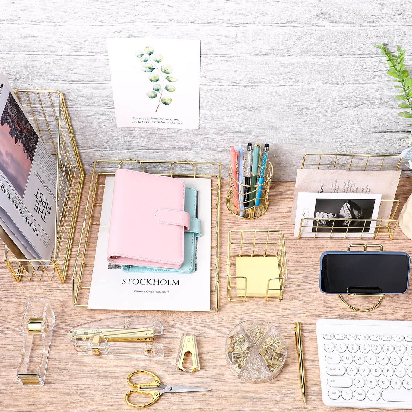 Yaomiao 13 Pcs Desk Accessories Set Kit Organizer Office Supplies Teacher Women School Gift Acrylic Stapler Staple Remover Tape Holder Pen Cup Magazine File Letter Clip Phone Holder Scissor(Gold)