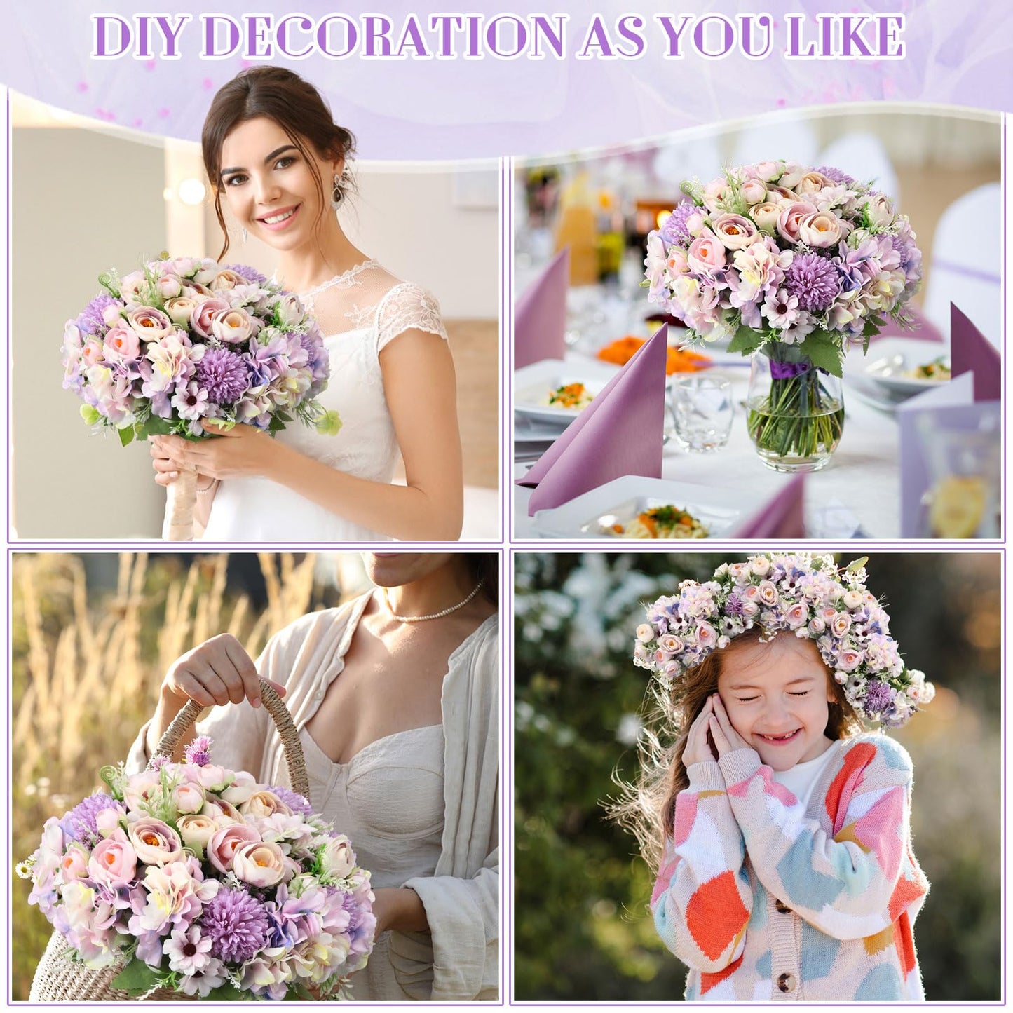 Tigeen Peonies Artificial Flowers Faux Roses Silk Flowers Hydrangea Artificial Bouquet for Wedding Table Centerpiece Floral Vase Home Office Bridal Decor(Purple,12 Bundles)