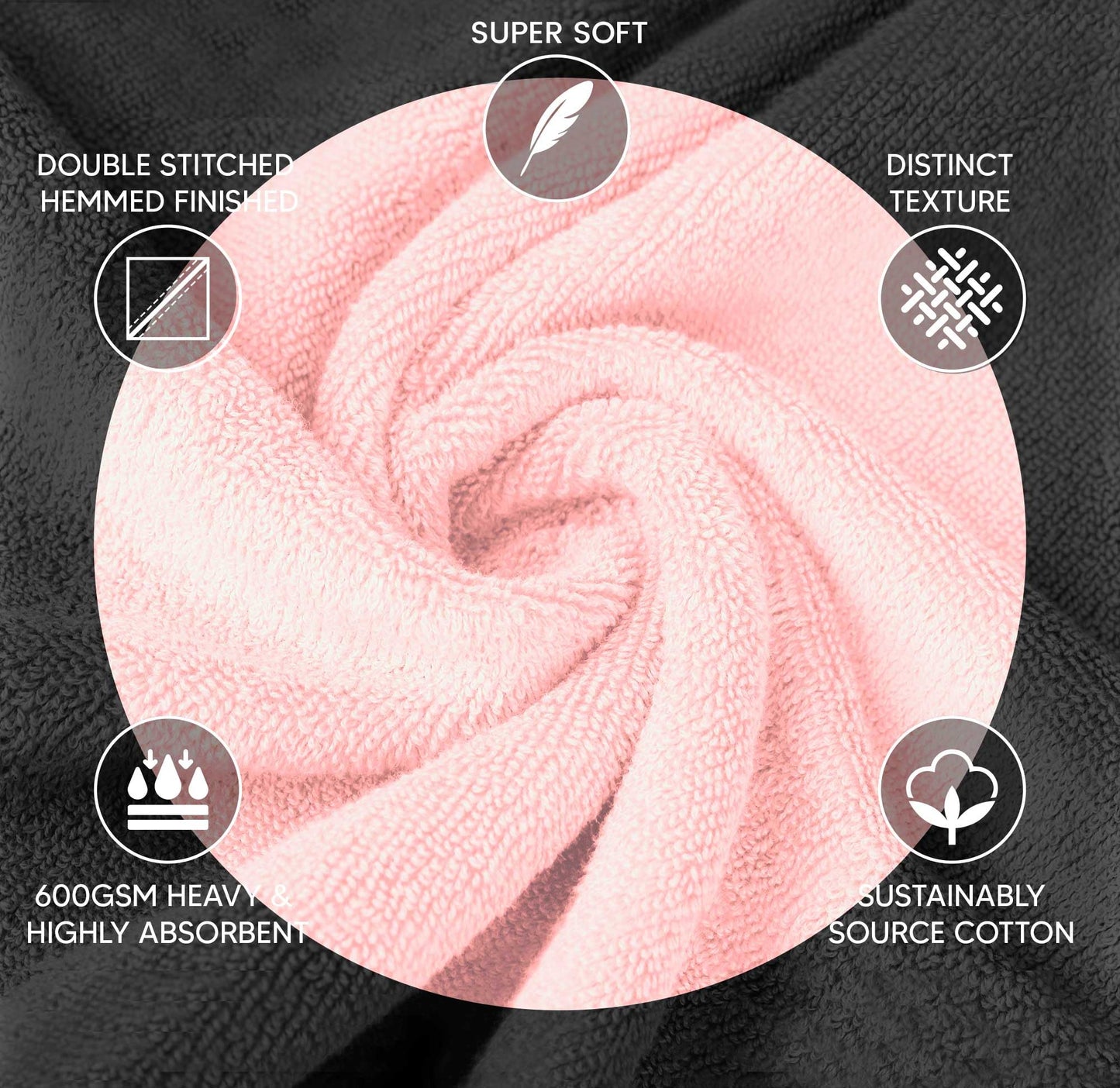 YRALY Luxury Pink Towel Set of 8-2 Bath Towels 2 Hand Towels 4 Washcloths - 600 GSM 100% Cotton Ring Spun Viscose Border Towels Set - Light Pink