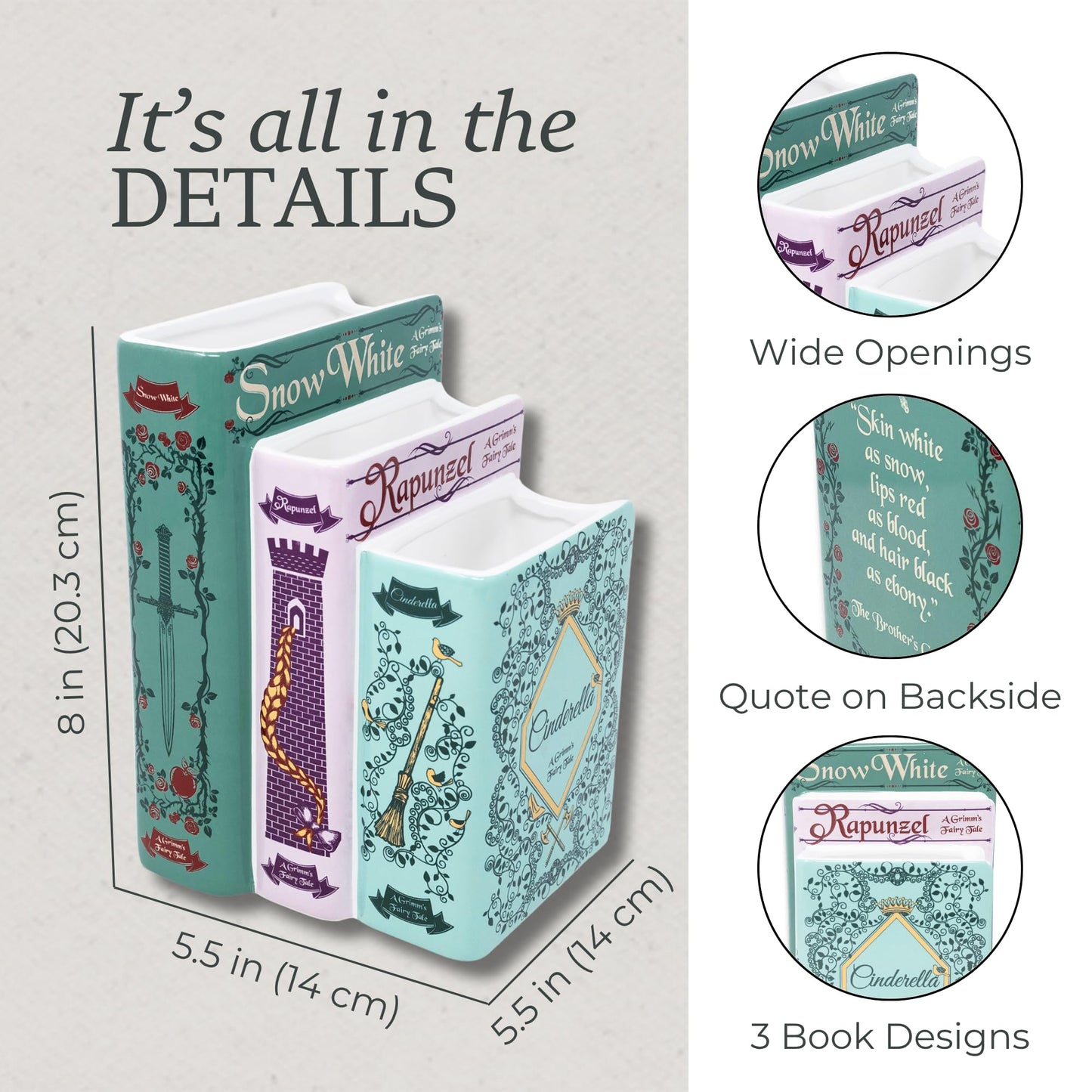 Steel Mill & Co Original Triple Book-Shaped Decorative Vase, Tiered Ceramic Bookshelf Decor, Unique Flower Holder for Book Lovers, Grimm's Fairy Tales