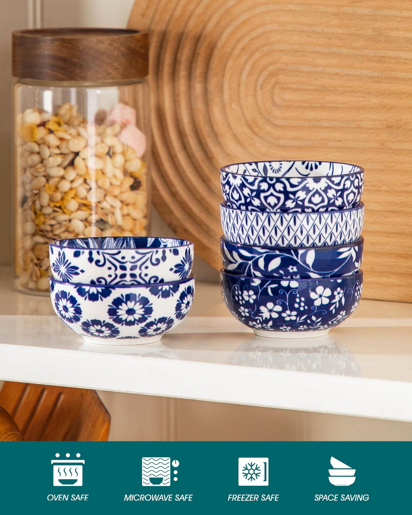 vancasso 2.7 Oz Ceramic Mini Dipping Bowls Set of 6, 3 Inch Small Dip Bowls for Sauce, Soy Sauce, Sushi, Condiments & Side Dishes, Chinoiserie Floral Style, Microwave & Dishwasher Safe, SELENE Series