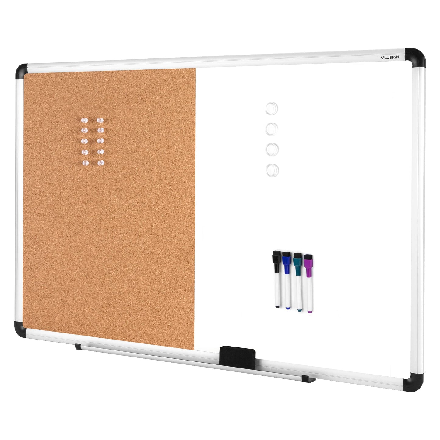 VUSIGN White and Cork Board Combination, 24" x 36" Dry Erase and Corkboard Combo for Home or Office, Wall Mounted Notice Bulletin With Aluminum Frame