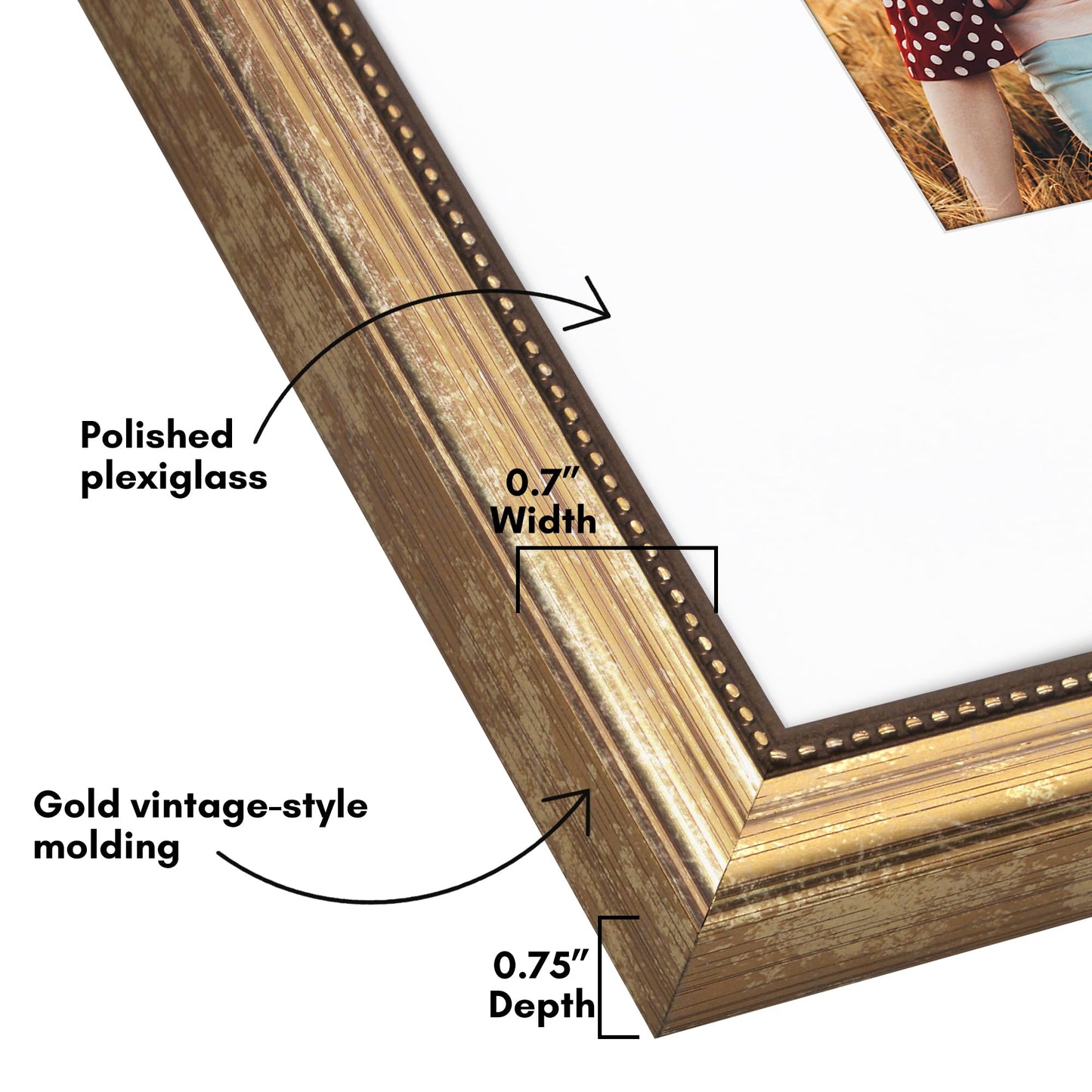 Americanflat Vintage Frames - 16x20 Picture Frame with Beaded Accents and Polished Plexiglass - Use as 11x14 Frame or Display 16x20 Photos Without Mat - Heirloom Collection - Wall Display - Gold