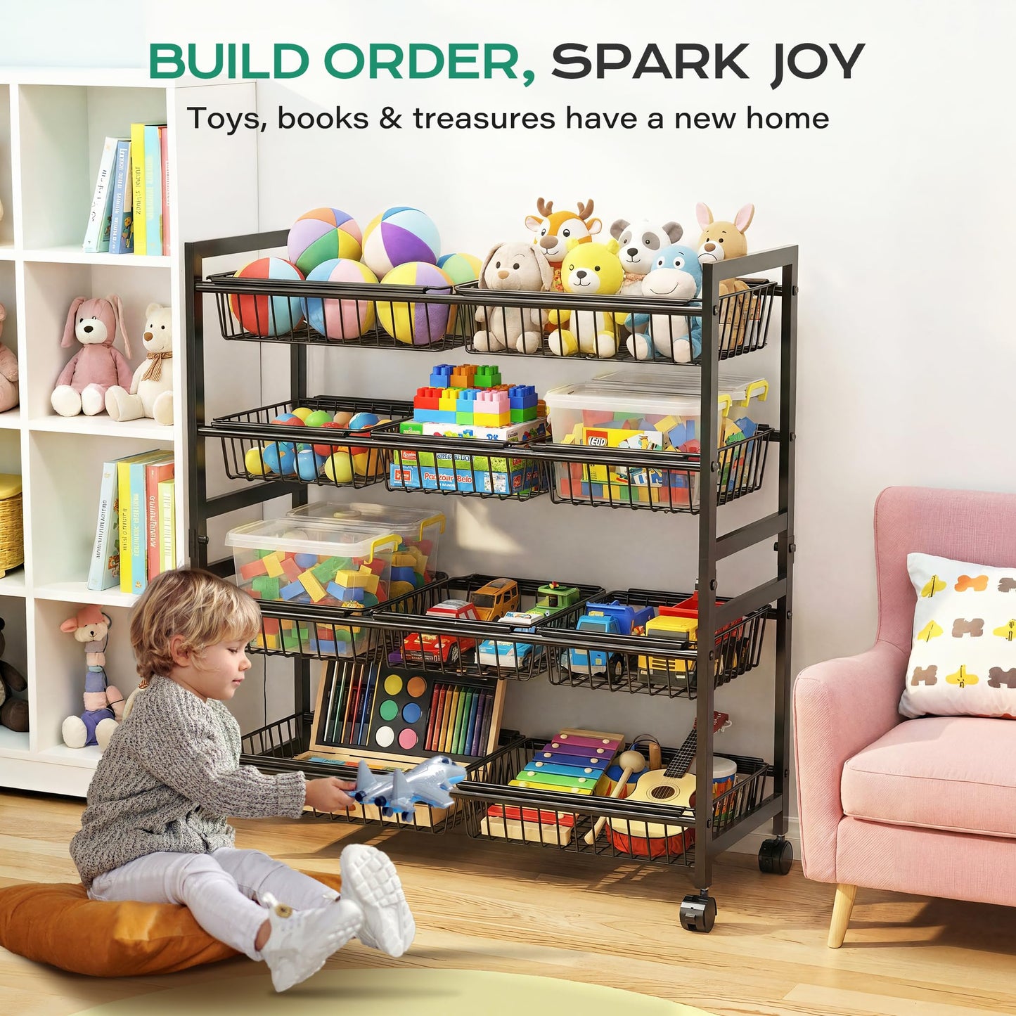 Cinati 4-Tier Snack Cart with Wheels, 29''W Toy Storage Organizer, Rolling Pantry Storage Cart with 10 Wire Baskets & Handle,Adjustable Metal Snack Rack, Kitchen Organizer for Fruit, Vegetables(Black)