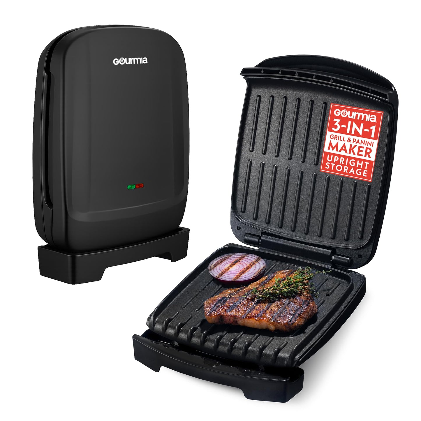 Gourmia Indoor Grill & Panini Maker – 4 Serving Contact or Open Grill, Nonstick Ceramic, Preheat Indicator Light, Slope Design with Removable Dishwasher Safe Drip Tray