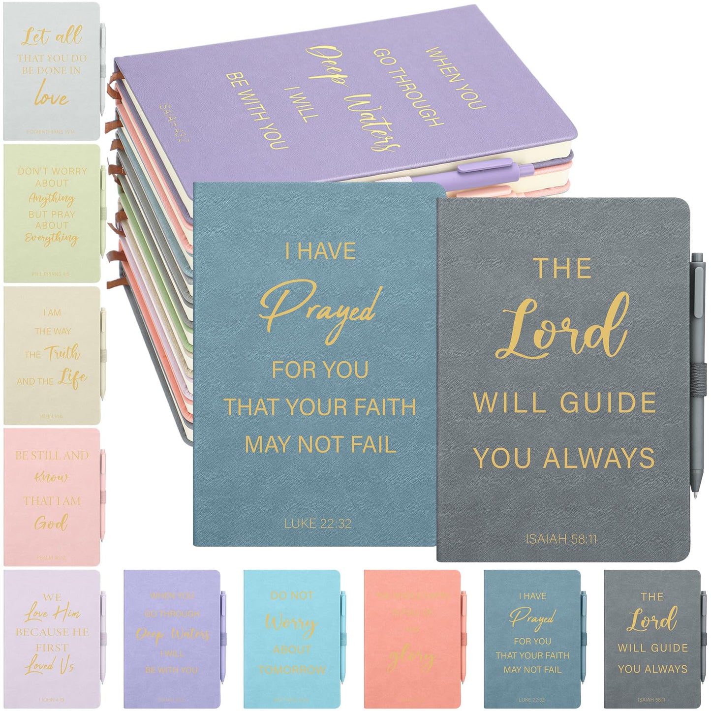 Thenshop 20 Pcs Christian Gifts for Women Bulk 10pcs Pastel Leather Christian Journals for Women Bible Notebooks with 10pcs Neutral Pens Inspirational A5 Prayer Journals for Church Gift