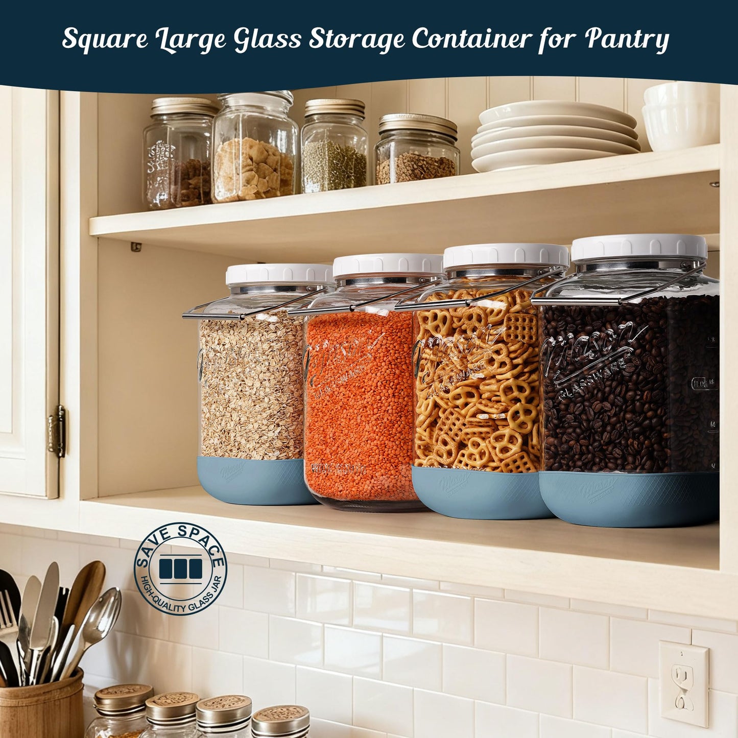 Dwbligt 2 Pack 1.5 Gallon Glass Jar With Airtight Lid, Large Mason Jars Wide Mouth with Scale Marks, Big Glass Storage Containers with Heavy-duty Handles & Non-slip Bases - for Flour, Pickling (192Oz