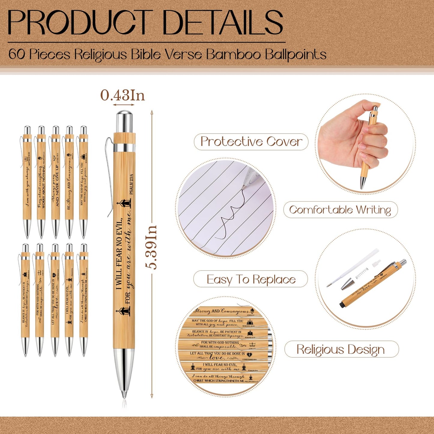 Jutom 60 Set Fathers Day Christian Gift Retractable Bamboo Pens and Kraft Bible Verse Notebooks Religious Inspirational Notebooks with White Organza Gift Bag for Church Pastor Mom Dad Grandparents