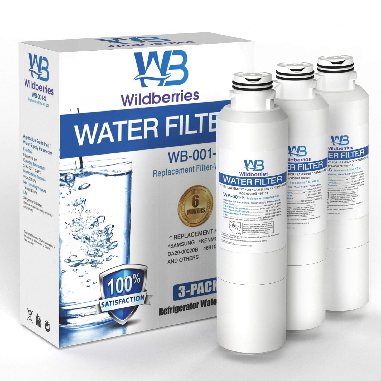 Wildberries DA29-00020B 𝐍𝐒𝐅 𝐂𝐞𝐫𝐭𝐢𝐟𝐢𝐞𝐝 Refrigerator Water Filter Replacement for Samsung DA29-00020A/B, HAF-CIN/EXP, DA29-00020B-1, RF25HMEDBSR, RF28HMEDBSR, RS25J500DSR, Pack of 3