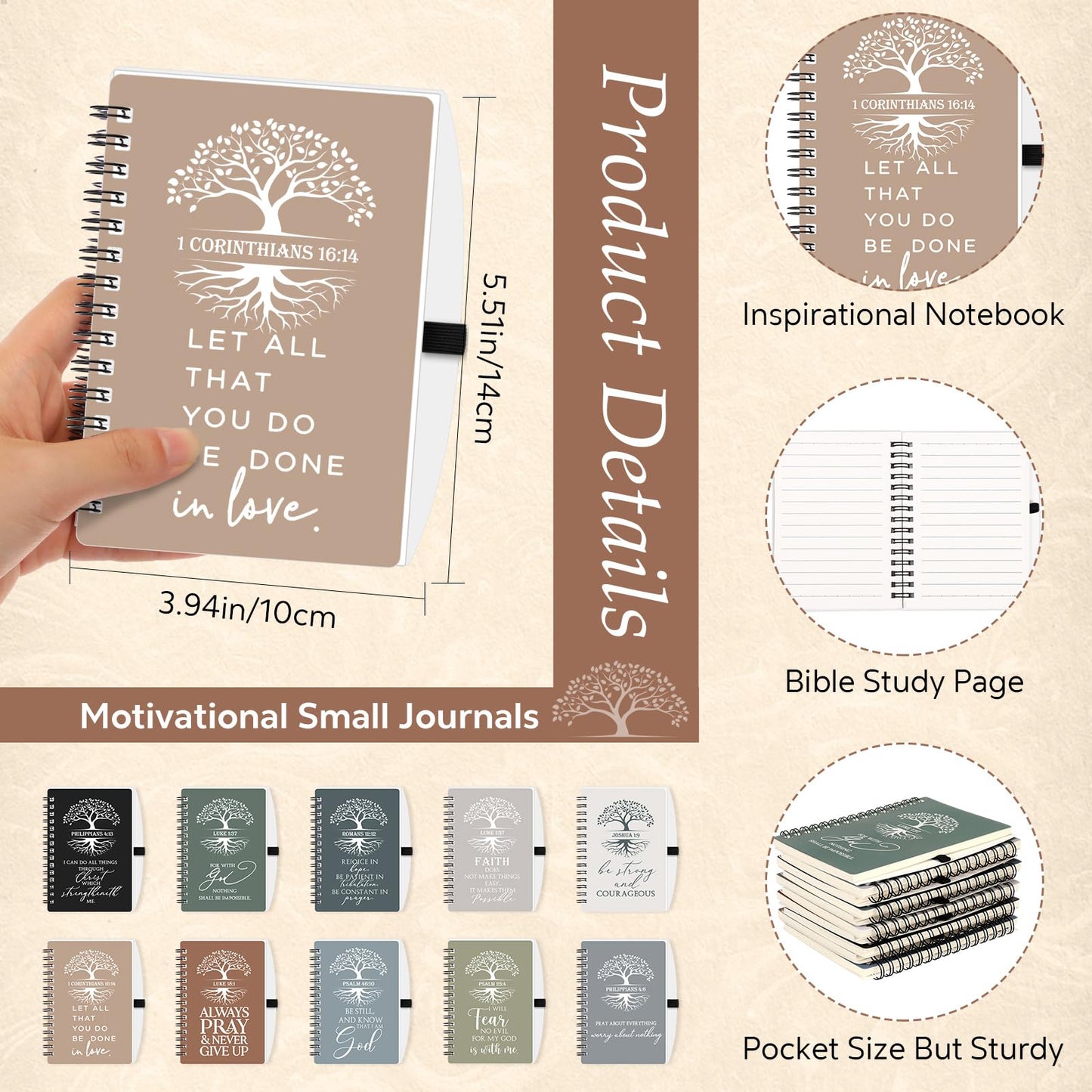 Kosiz 60 Pcs Fathers Day Christian Gift Bulk for Women, Motivational Church Prayer Journal Bible Verse A6 Spiral Notebook with Ballpoint Tree Life Religious Gift for Men Teacher (Boho Color)
