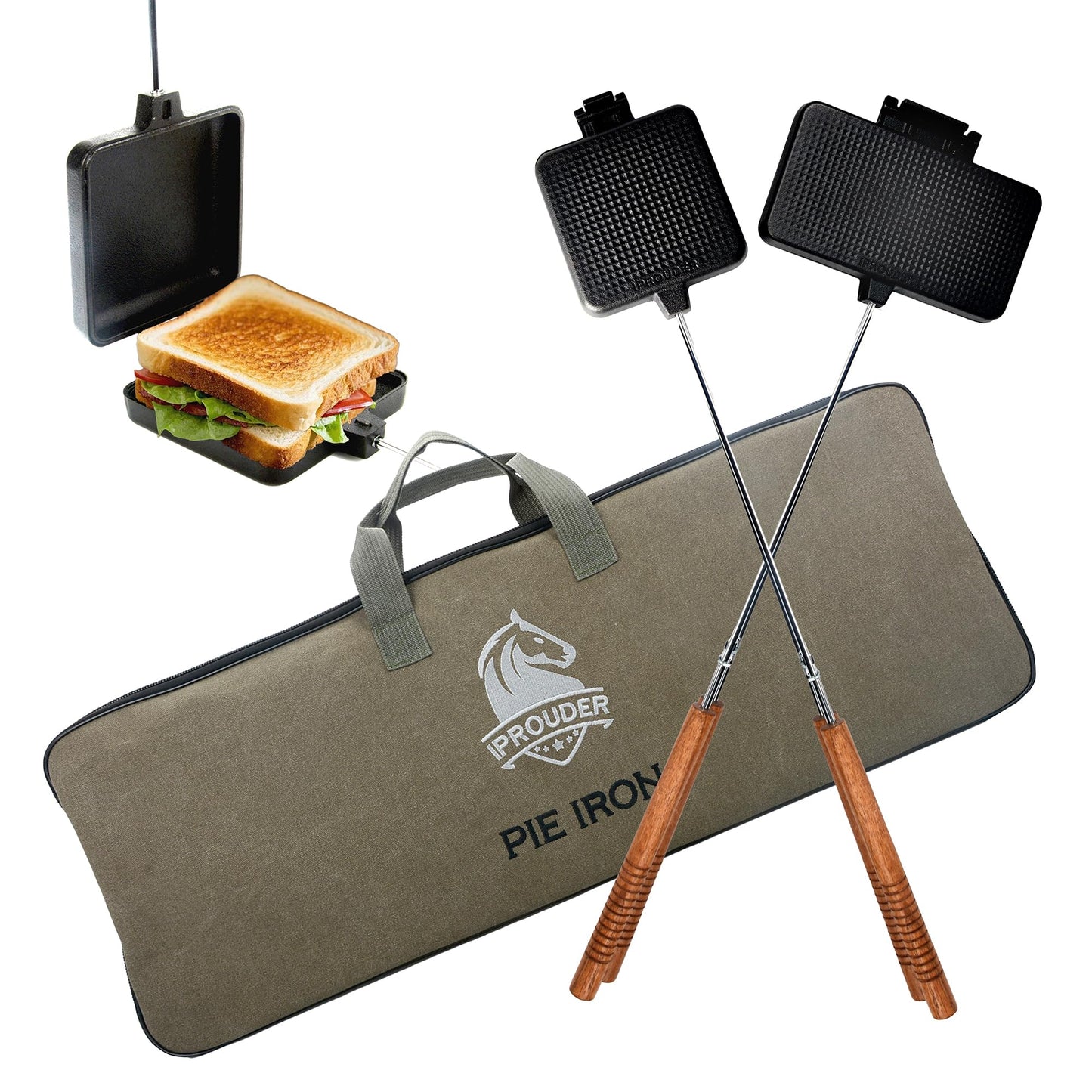 IPROUDER Campfire Pie Iron 4.9" & 8.6" Large Cast Iron Sandwich Maker for Camping 2 Pcs with Storage Bag - 22.6 inch Thickened Handles - Campfire Cooking Equipment for Grilling & Outdoor Cooking