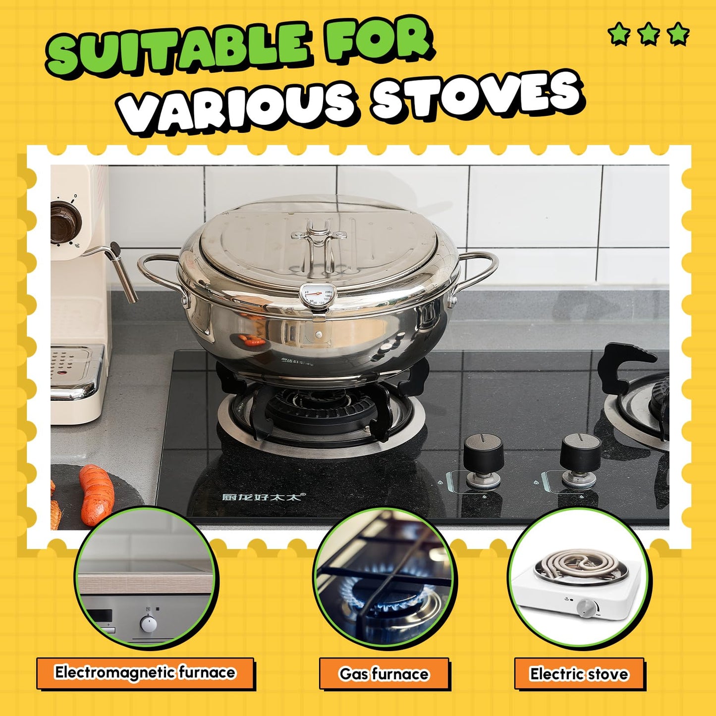 Reallnaive 4.4 Qt (4.2 L) Deep Fryer Pot 304 Stainless Steel Tempura Frying Pot with Lid and Oil Drain Rack Japanese Deep Fryer Pan with Temperature Control for Kitchen French Fries, Chicken