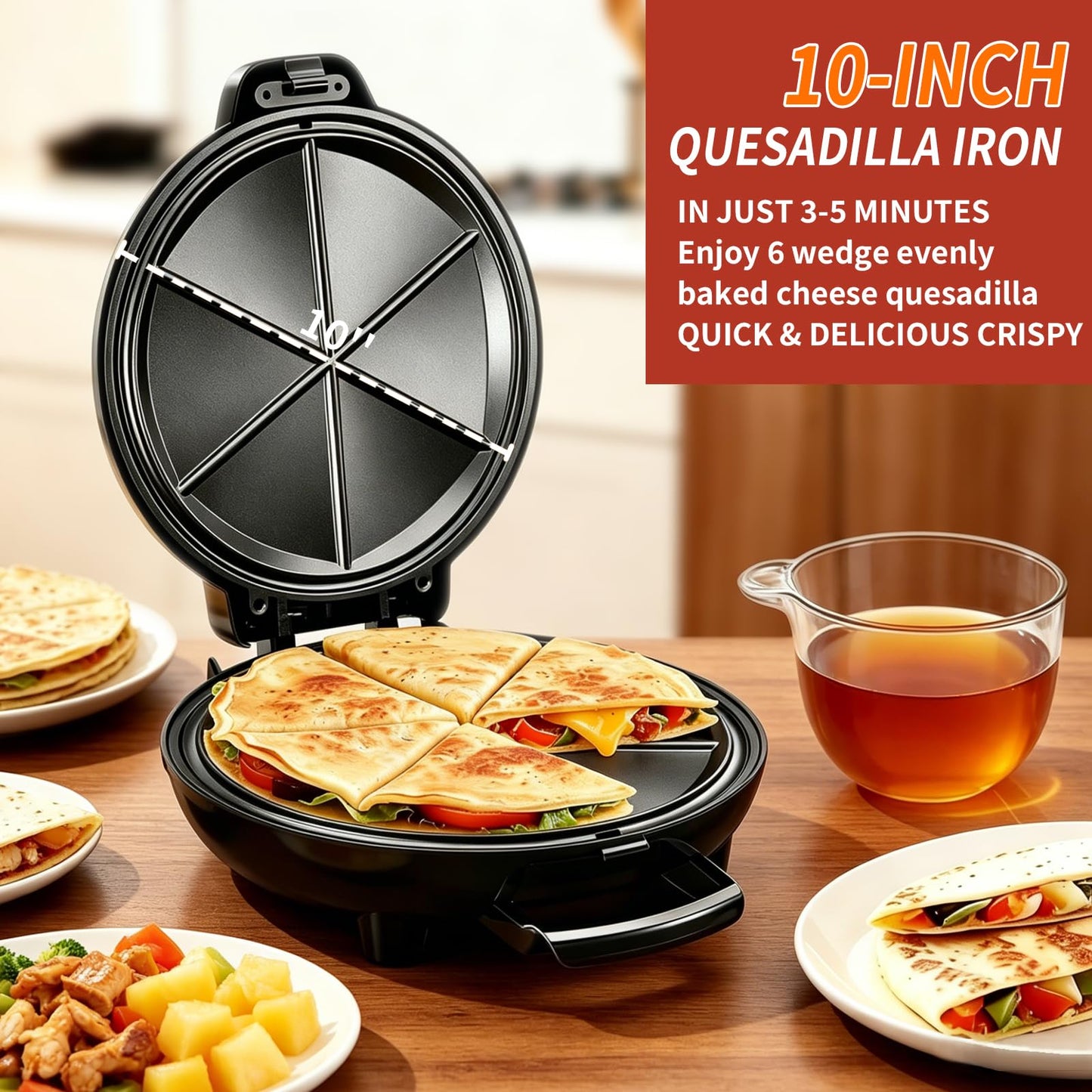 Electric Quesadilla Maker, 9.5'' Quesadilla Press with Extra Stuffing Latch, Easy Slice 6 Wedge, Grilled Cheese Corn Flour Tortilla Snacks, Nonstick Plates, Easy to Clean, Non-Slip Feet, Black