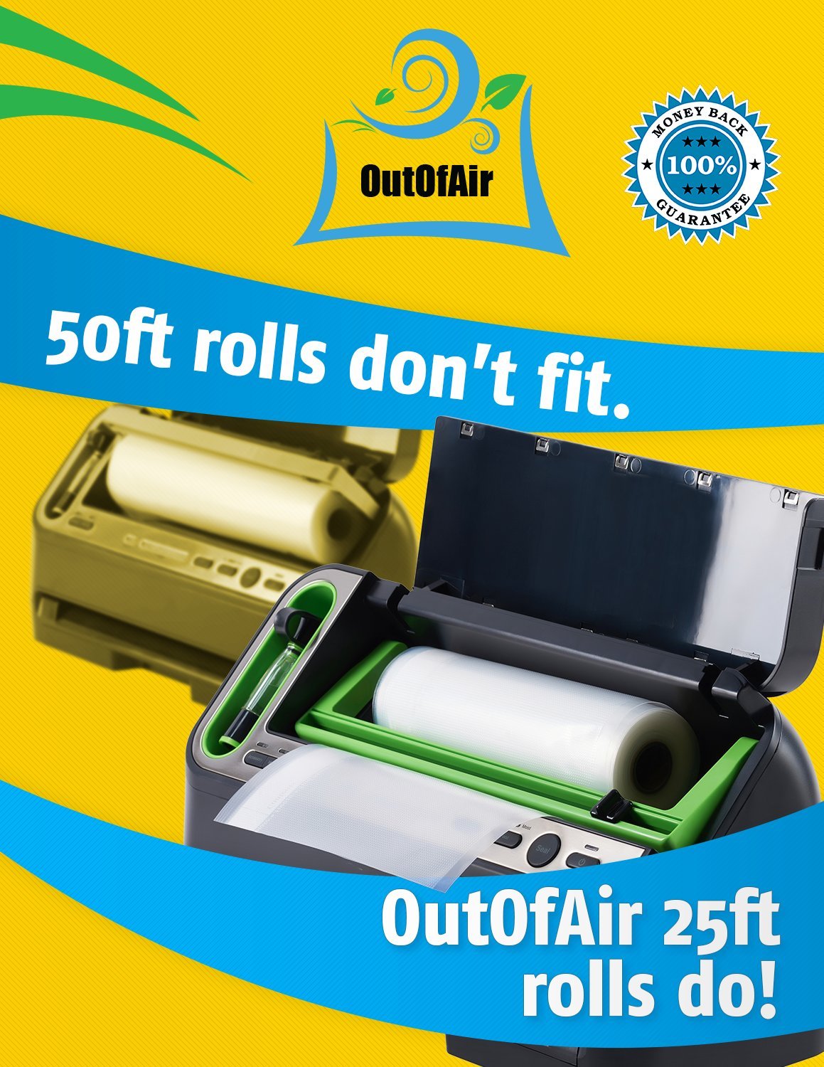 8" x 25' Rolls (Fits Inside Machine) - BULK 8 Pack (200 ft total) OutOfAir Vacuum Sealer Rolls Works With FoodSaver & Other Machines, 33% Thicker BPA Free Sous Vide Commercial Grade Bags